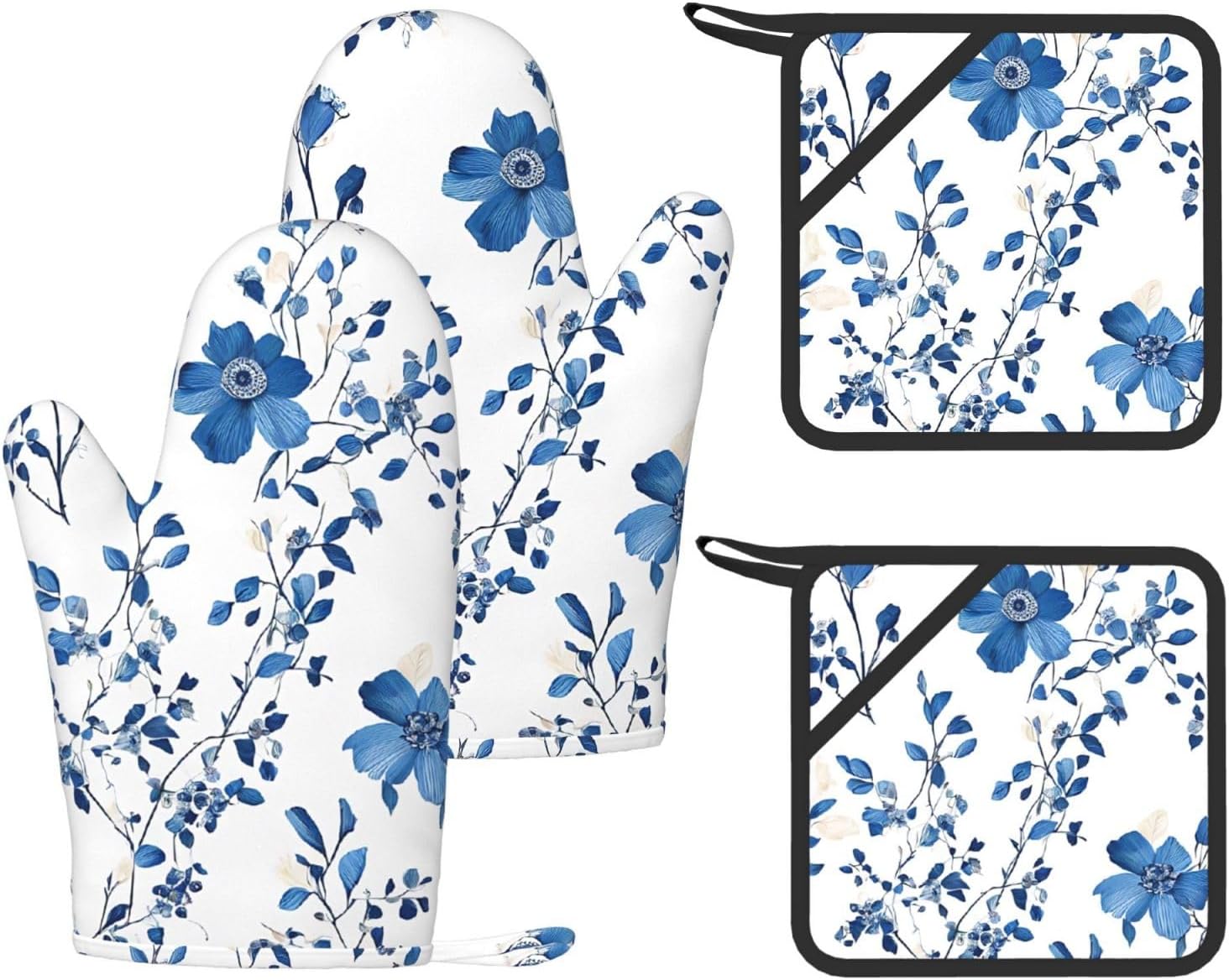 Blue Flower Floral Pattern Roses Oven Mitts and Pot Holders Set of 4 Heat Resistant Kitchen Gloves with Silicone Palm Hot Pads for Baking Cooking Grilling BBQ