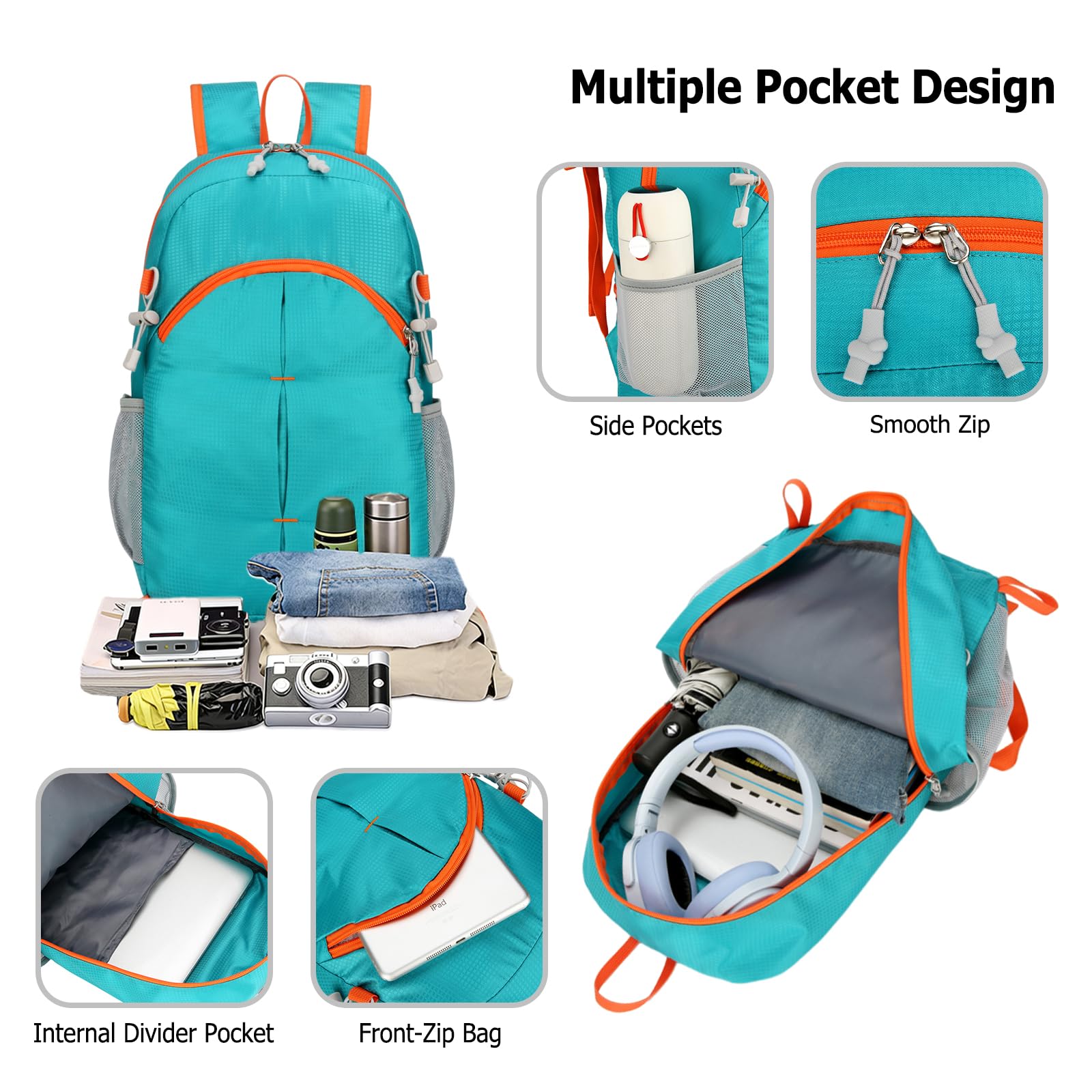 Sac à Dos Pliable Imperméable Léger Daypack Sac à Dos Randonnée Femme Homme Backpack pour Camping Trekking Voyage Utilisation Quotidienne Orange