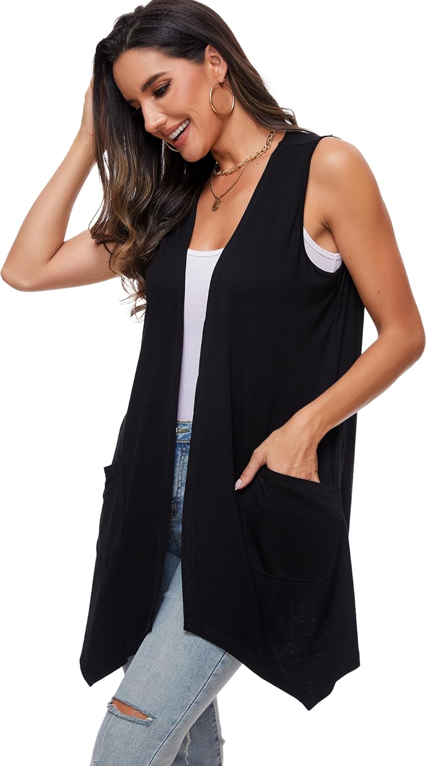 Moss Rose Women's Sleeveless Cardigan Vest Draped Open Front Cardigans Asymmetric Hem - Image 4