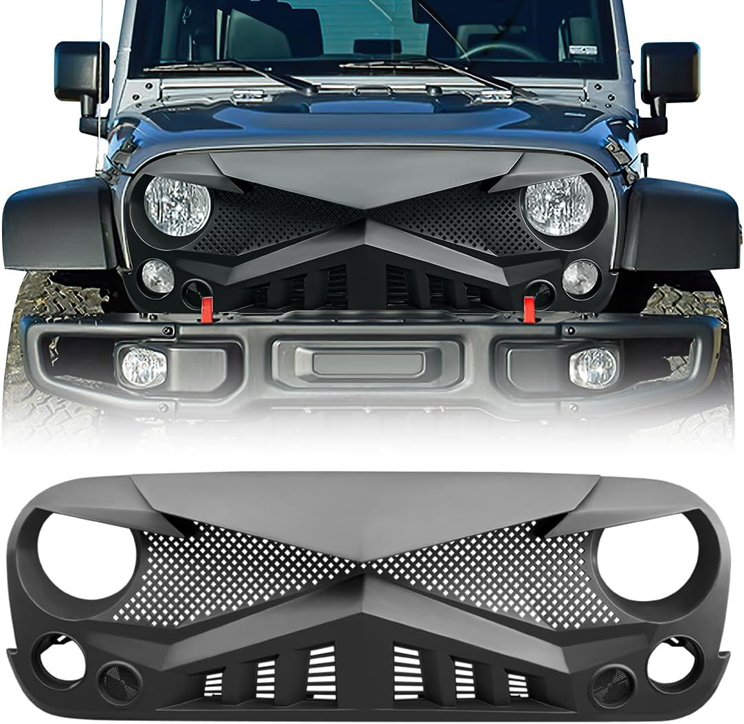 Front Grill Hawke Grille Compatible with Jeep 2007-2018 Wrangler Rubicon Sahara Sport JK JKU, Matte Black