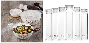 Cello H2O Premium Edition Plastic Bottle, 1 Litre, Set of 6, Clear & Cello Opalware Twilight Floral Mixing Bowls with Lid(500ml, 1000ml,1500ml), 3 Pc, White