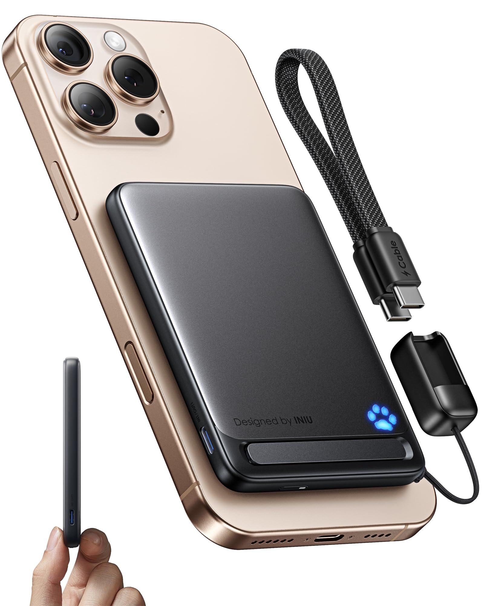 INIUfor MagSafe Power Bank, Qi2 Certified, 5000mAh 20W Ultra Slim Portable Charger, Fast Charging Battery Pack with USB C Cable & Stand, Magnetic Power Bank for iPhone 16 15 14 13 12 Series OnlyClimatePartner certified
