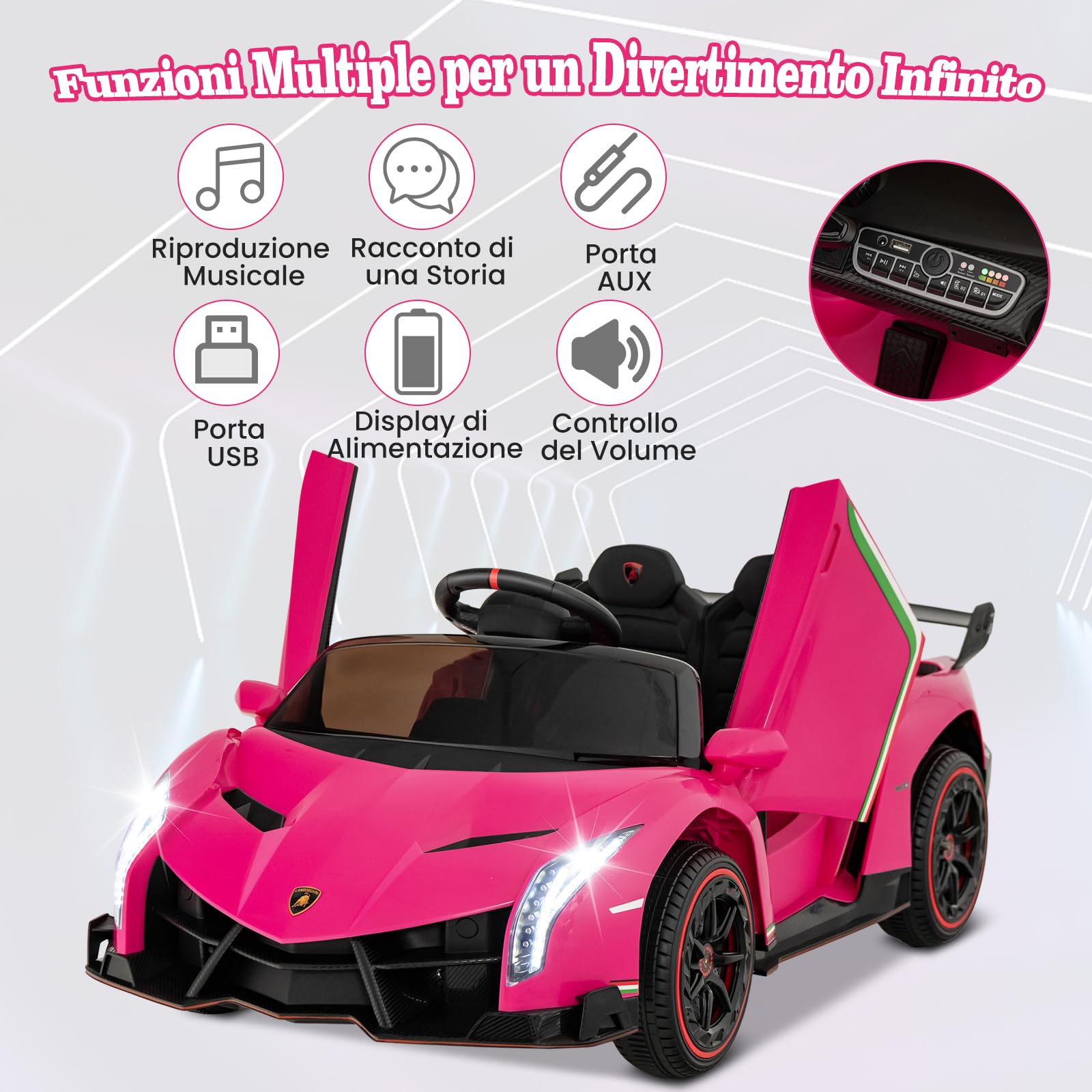 COSTWAY Lamborghini Macchina Elettrica per Bambini, Auto Elettrica Cavalcabile con Telecomando Luci LED, 3 Velocità, 3-6 km/h, per Bambini 3-8 Anni (Rosa)