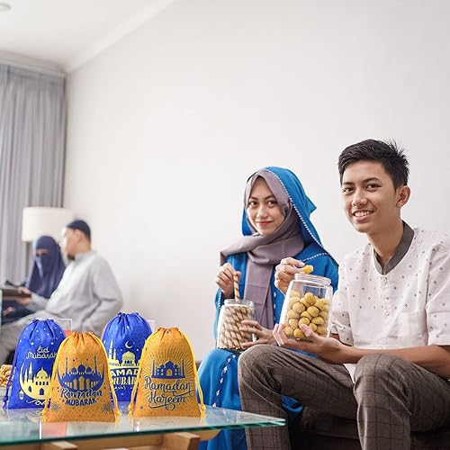 Miniatura 5 de Eid Mubarak - 12 bolsas con cordón para fiesta de Ramadán, bolsas de regalo de Ramadán, bolsas de regalo de dulces musulmanes, Eid Al Fitr,