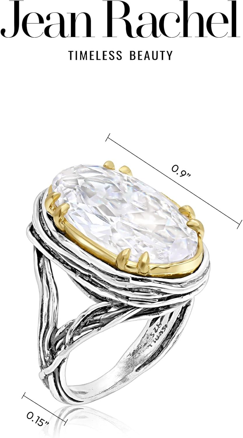 JEAN RACHEL JEWELRY Mixed Metal Two Tone Ring for Women – Oval CZ Wire Wrap – 925 Sterling Silver & 14K Gold Over Silver – Hypoallergenic Handcrafted Design