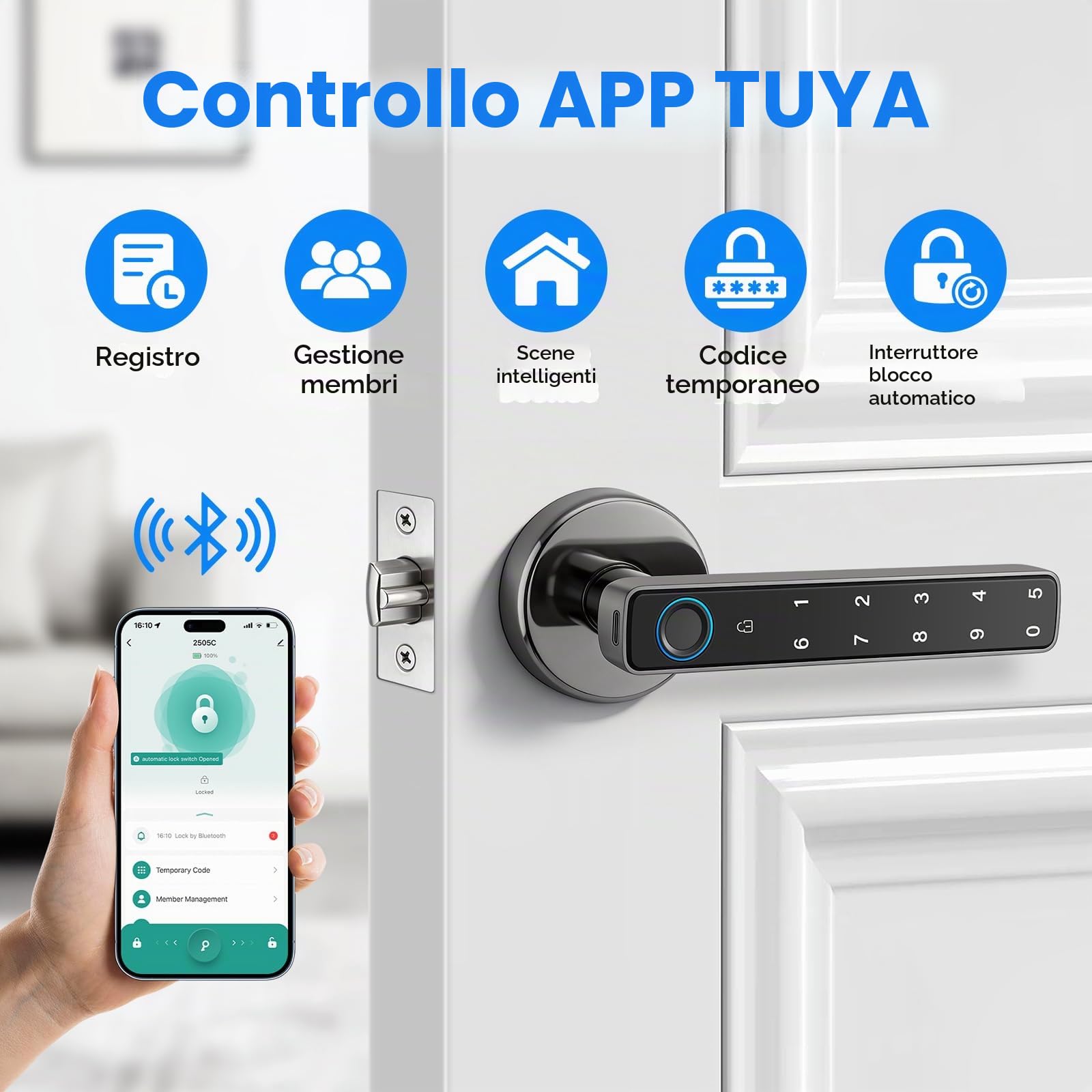 Serratura Intelligente per Porta,Impronta Digitale,Tastiera e Controllo APP | 5 Modalità di Sblocco: impronta/codice/badge/APP/chiave/chiusura automatica, senza chiavi per casa, ufficio, appartamento
