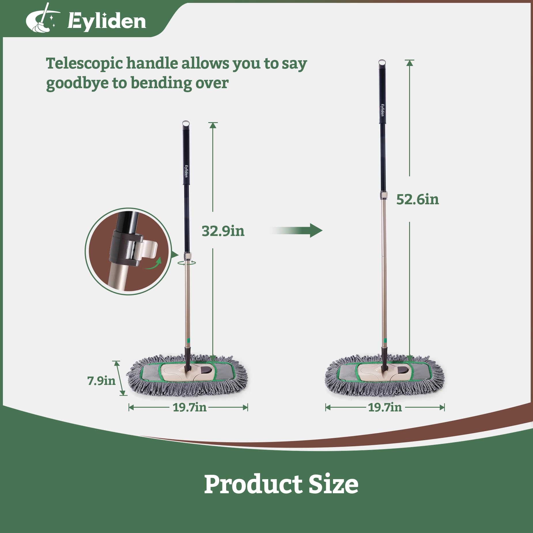 Eyliden Pro - Mopas antipolvo para limpieza de suelos, 3 almohadillas de microfibra lavables, reemplazo con un solo clic, mango telescópico, diseño profesional para suelos y pelo de mascotas (gris +