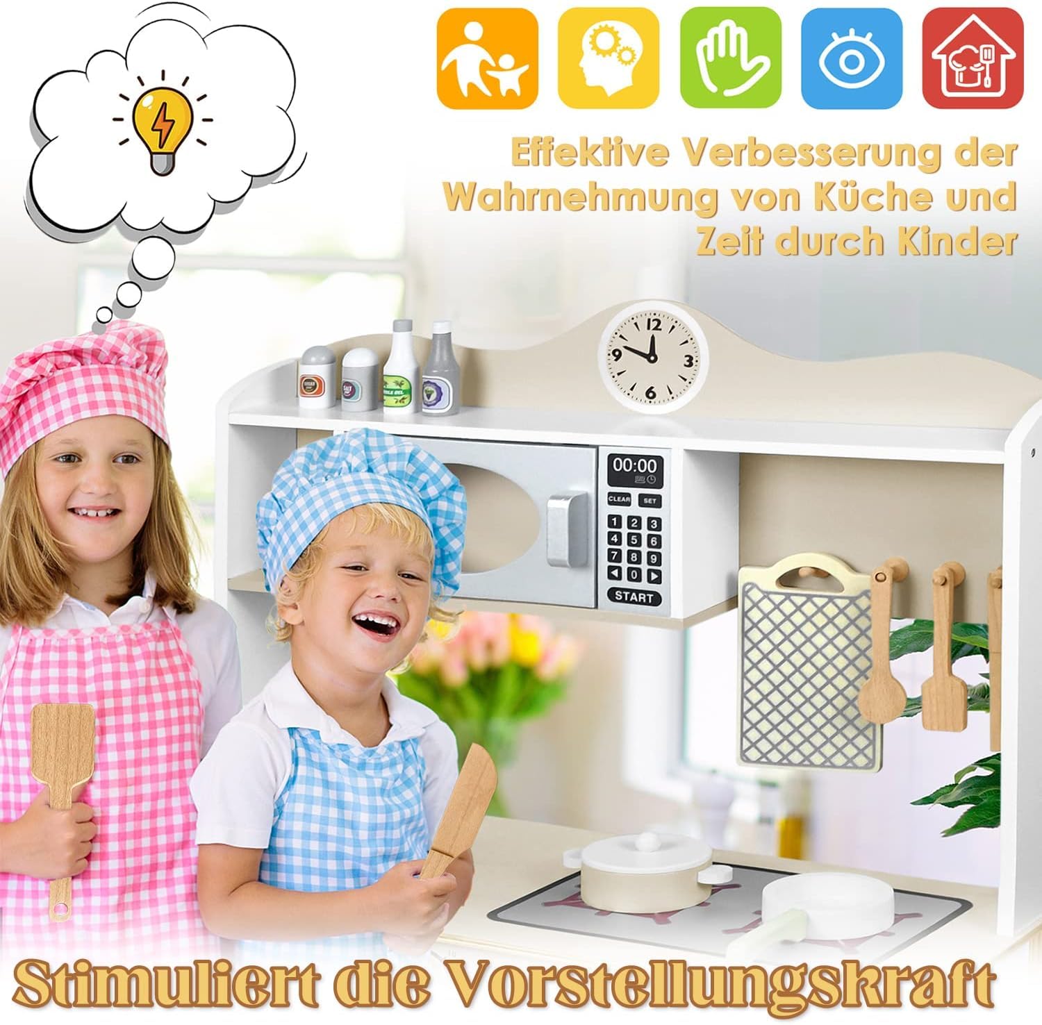 FIVMEN Kinderküche Spielküche Holz mit Herd&Mikrowelle &Wasserhahn&Spüle und Küchen-Zubehör Spielzeugküche Kinder Küche Spielzeug für ab 3 Jahren Kinder, 65x24x85cm
