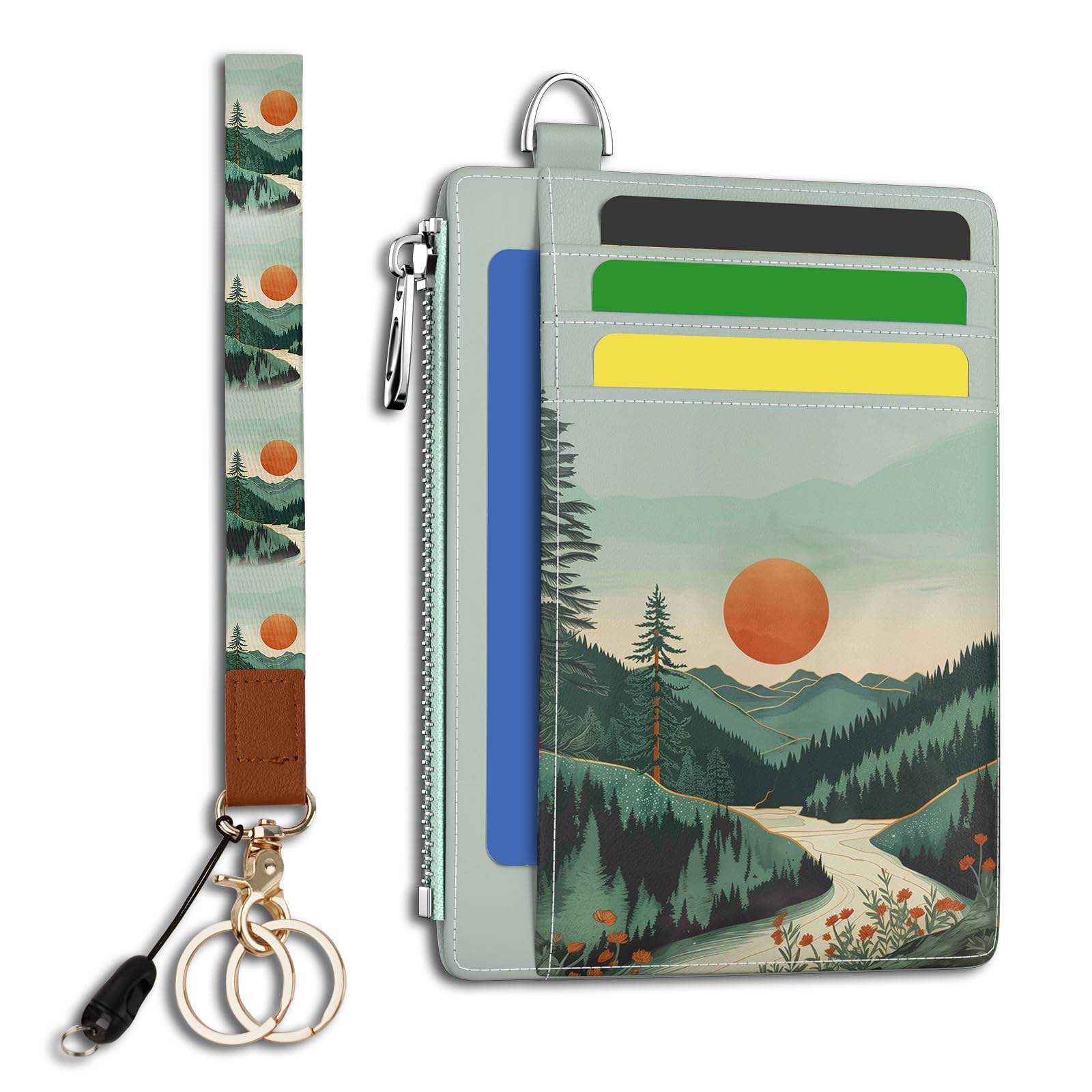 Slim Wallet Women Credit Card Holder, Mountain Tree Sunset RFID Blocking Front Pocket Wallet Wristlet Keychain Lanyard Small Cute Thin Travel Zipper Coin PU Leather Card Case Organizer Gifts
