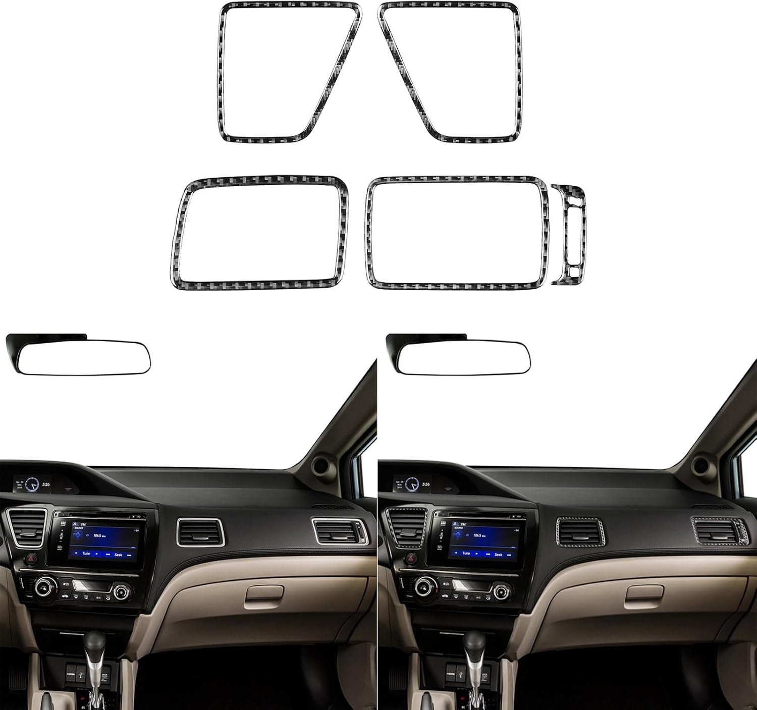 Real Premium 3K Carbon Fiber Decals Dashboard air Conditioning Vents Set Kit Cover Sticker Trim Decoration Compatible with Honda Civic 9 Coupe Sedan 2013 2014 2015 Car Interior Accessories 5pcs