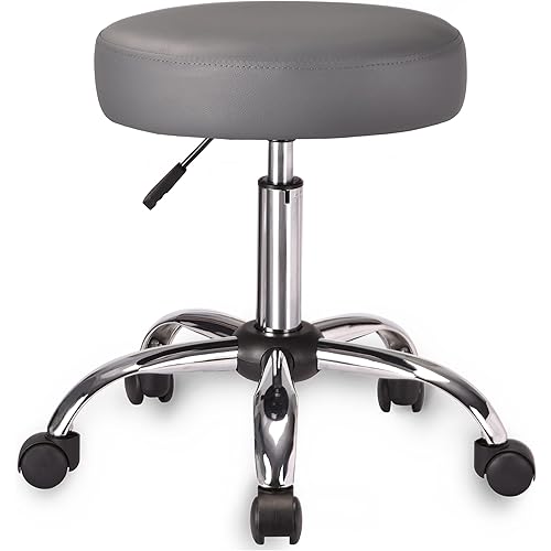 Allewie Round Rolling Stool PU Leather Height Adjustable Swivel Drafting Work SPA Medical Salon Stools Chair with Wheels and Soft seat Padding, Dark Grey