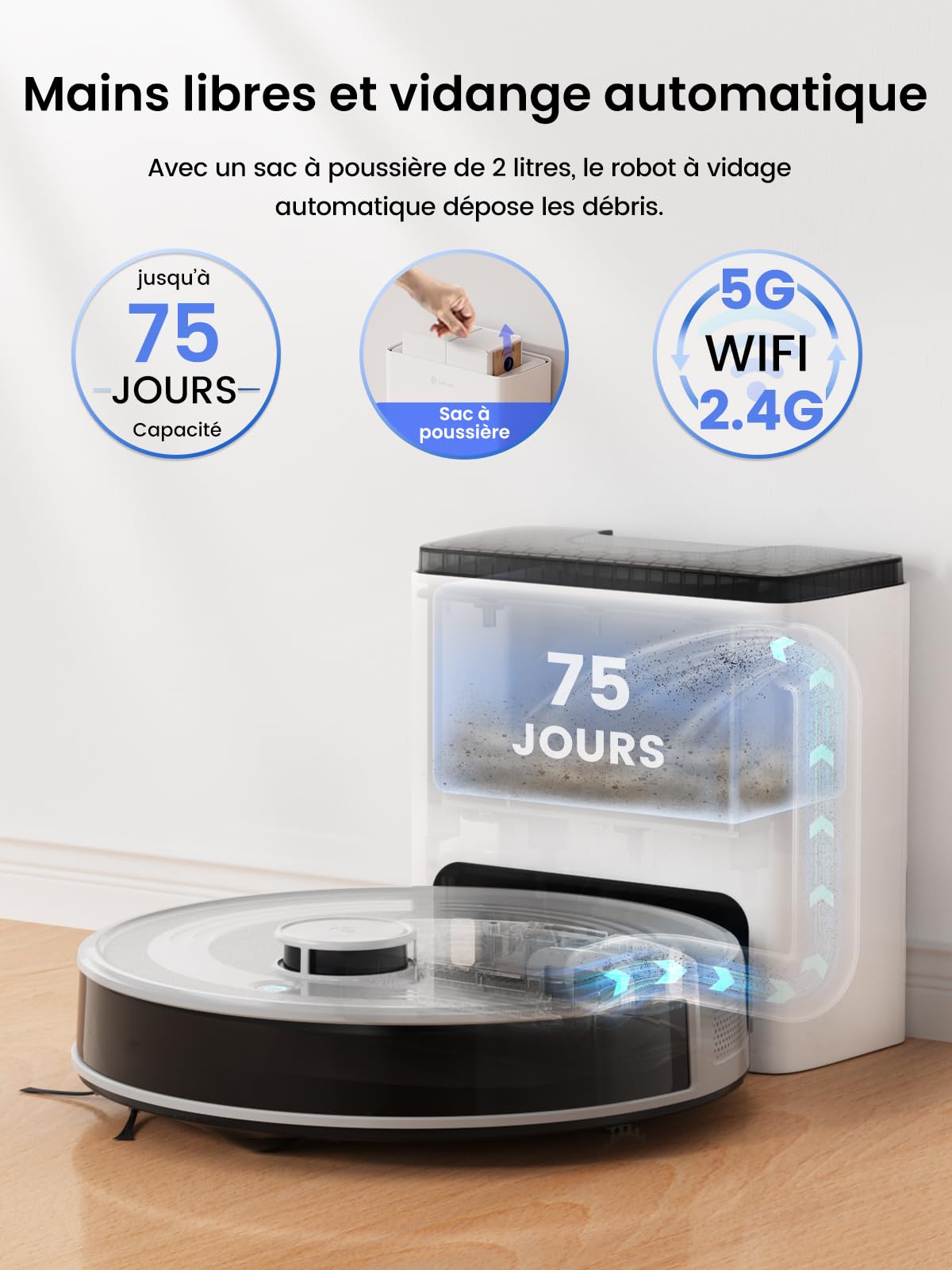 Lefant M2S Plus Aspirateur Robot Laveur avec Station, 10000Pa Aspirateur, Vidange Automatique, Évitement d'obstacles, 240min, Idéal pour Les Poils d'animaux Tapis Sols Durs, Connecté avec Alexa/App
