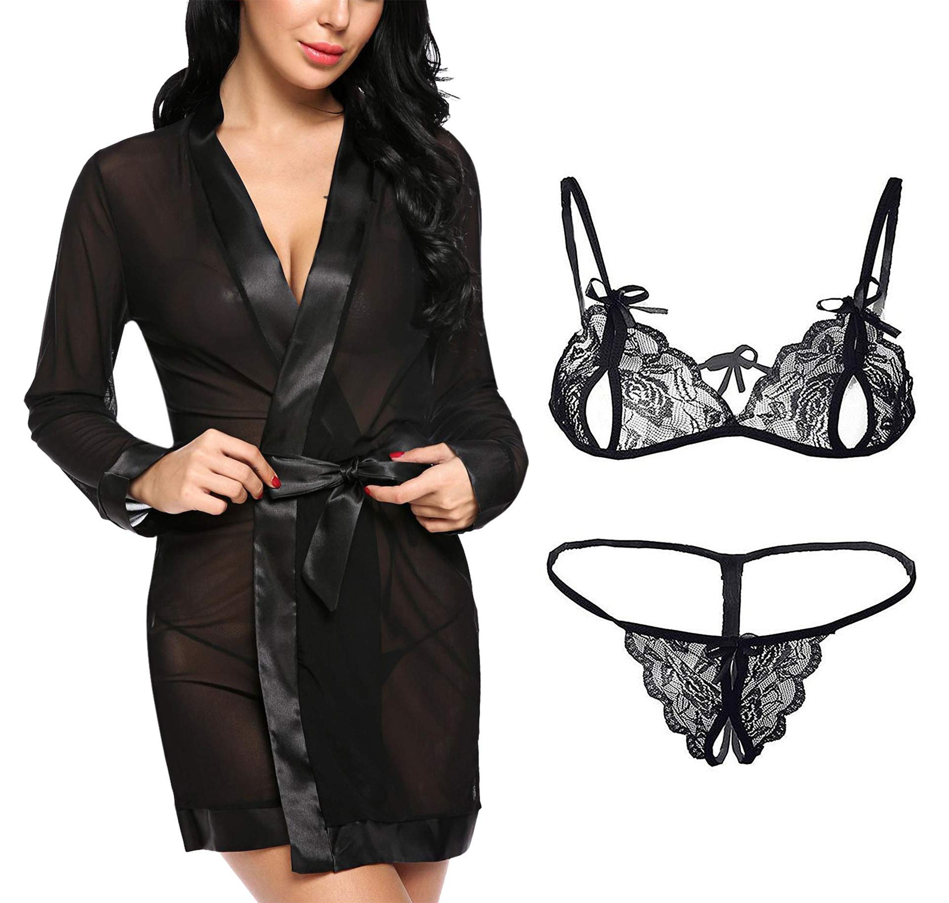 Women Nightwear Robe and Lace Bra Panty Set Lingerie Combo