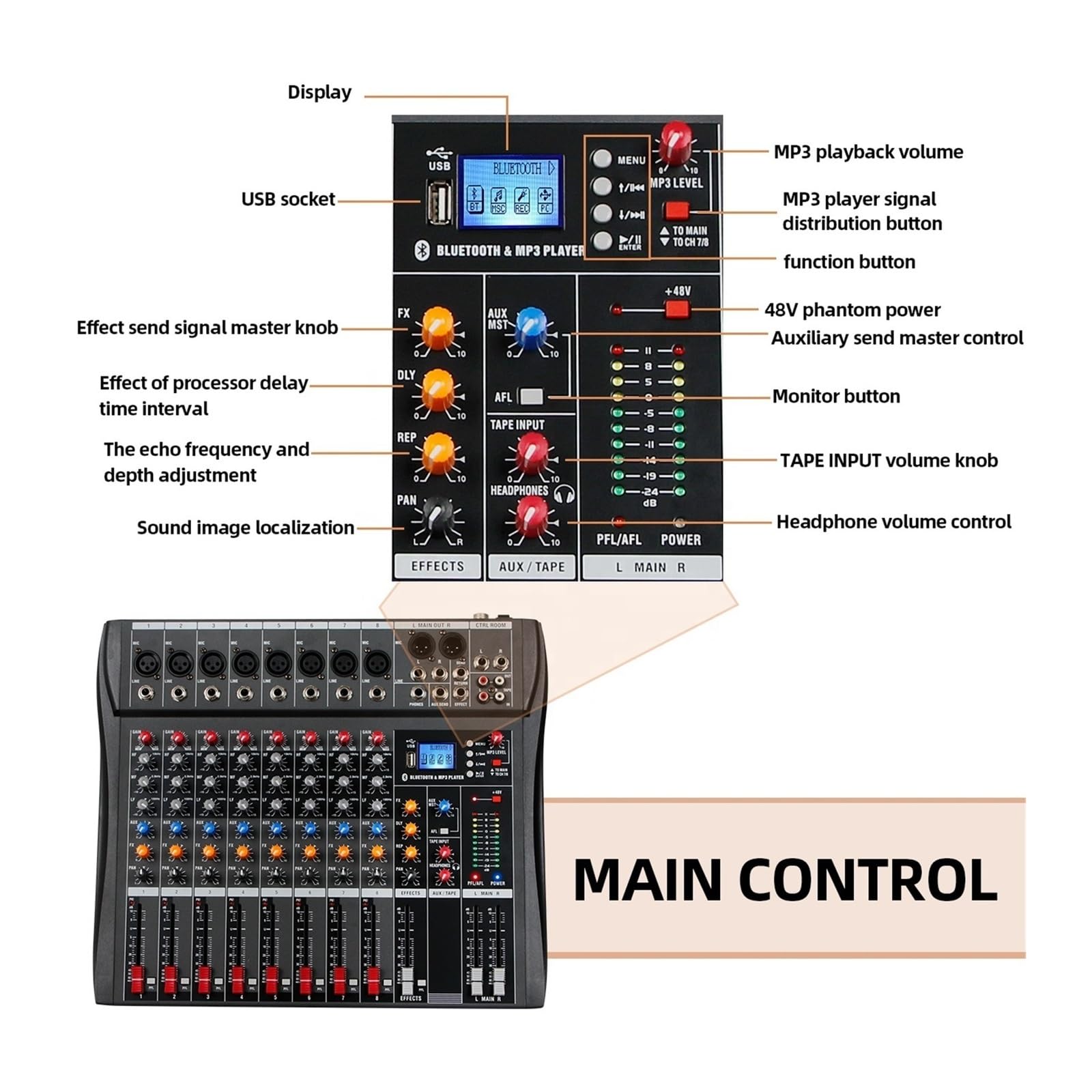 Mezclador de audio, Controlador DJ Mezclador Mesa de mezclas sonido Tarjeta profesional PC Consolas digitales Interfaz Consola Equipo 8 canales Para karaoke en estudio