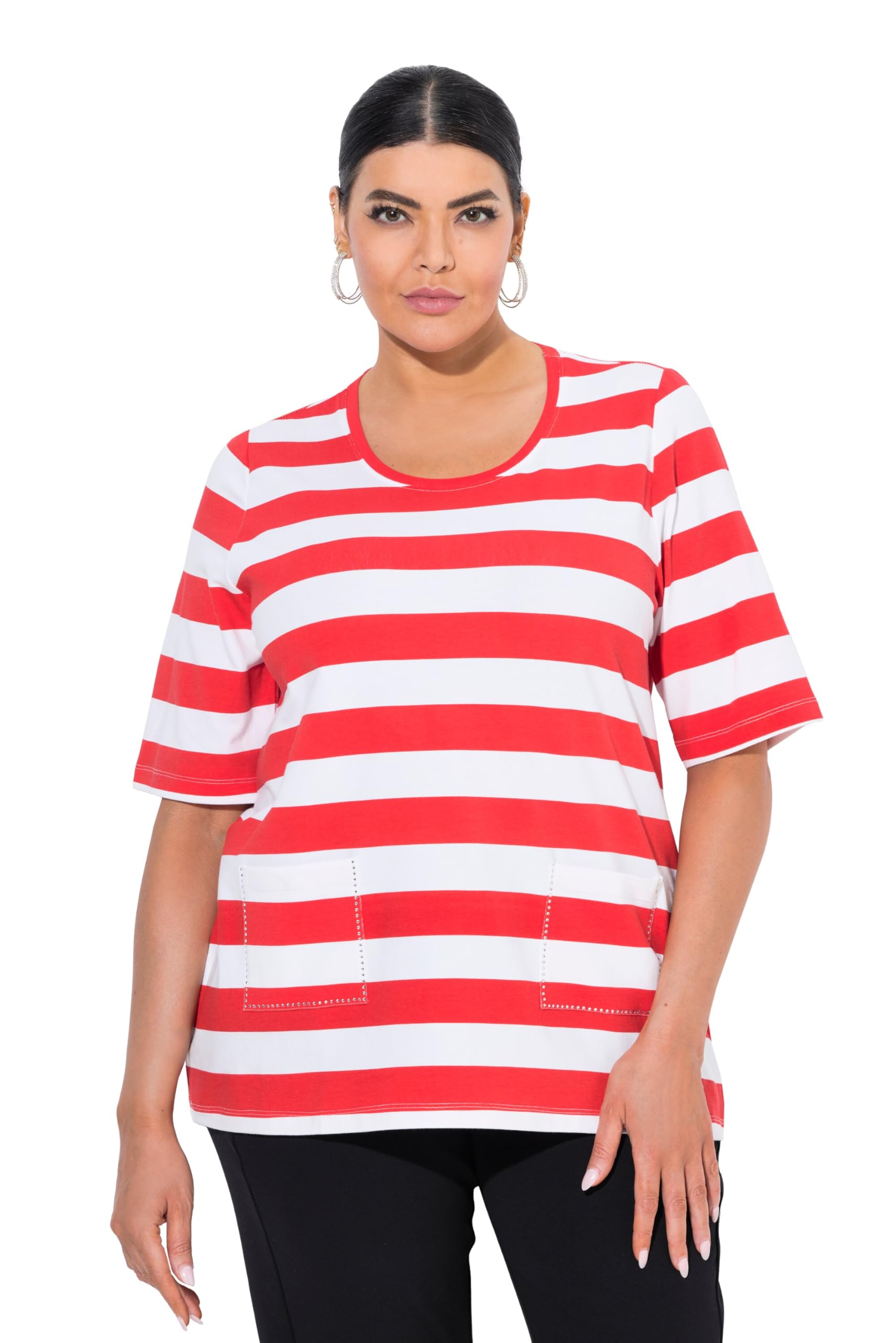 Ulla Popken Damen große Größen Übergrößen Plus Size T-Shirt, Ringel, Classic, Rundhals, Halbarm, Taschen 842698