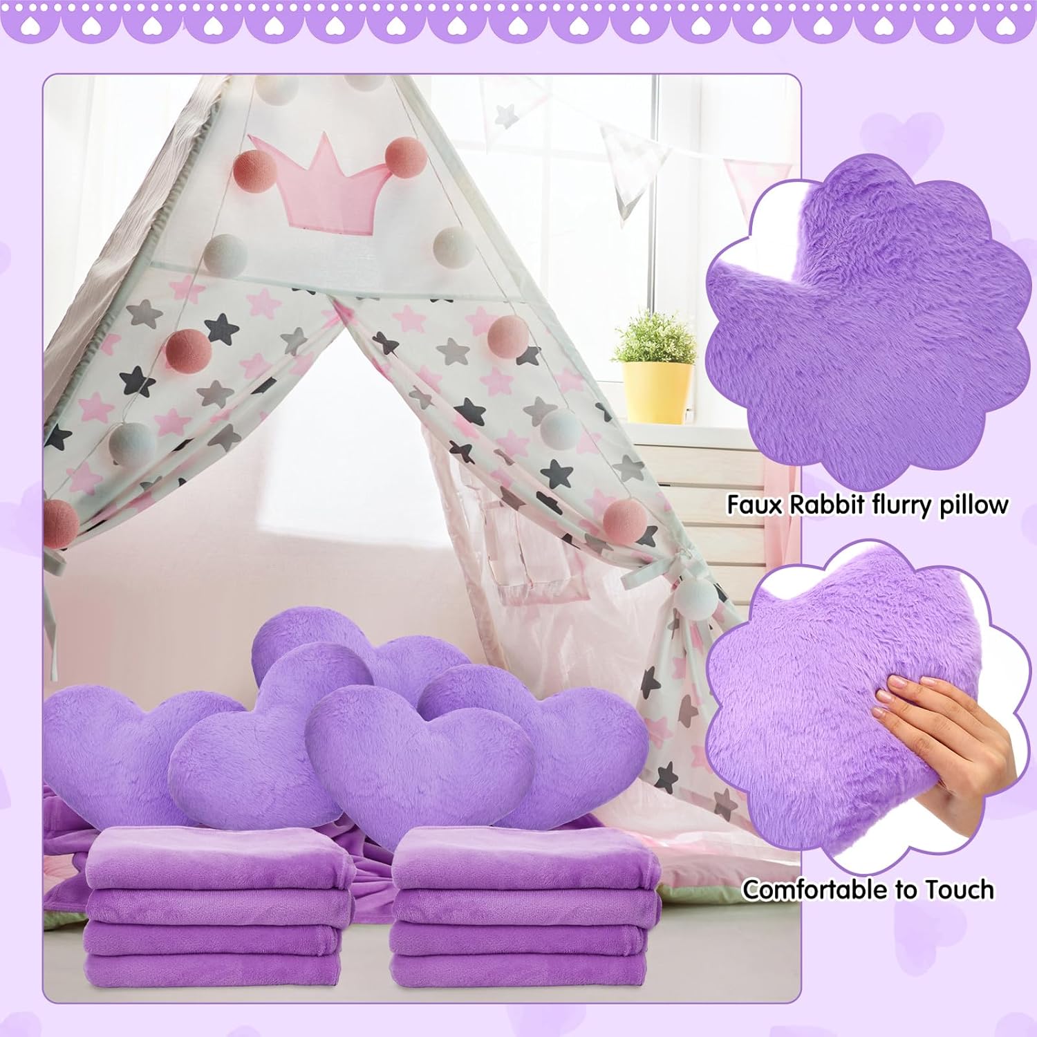 63 Pcs Spa Sleepover Party Supply Set 9 Fleece Blankets 9 Fluffy Heart Throw Pillows 9 Satin Eye Masks 9 Spa Headband 9 Wristband 9 Plush Scrunchies 9 Gift Bags for Slumber Party (Purple)