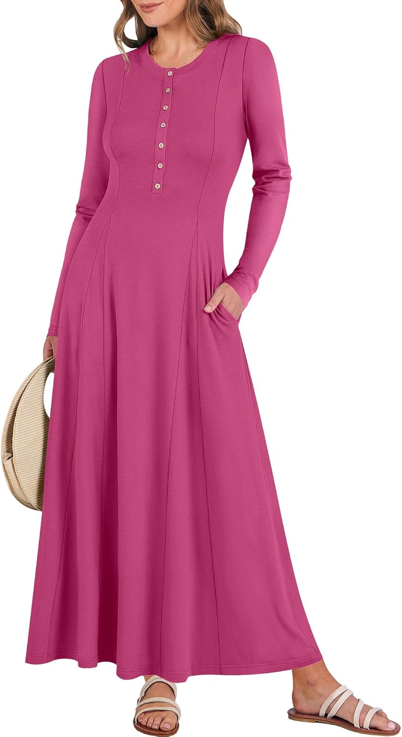 ANRABESS Women's Long Sleeve Maxi Dress 2025 Fall Casual Button Fit & Flare A-Line Swing Flowy Long Dresses Trendy Outfits