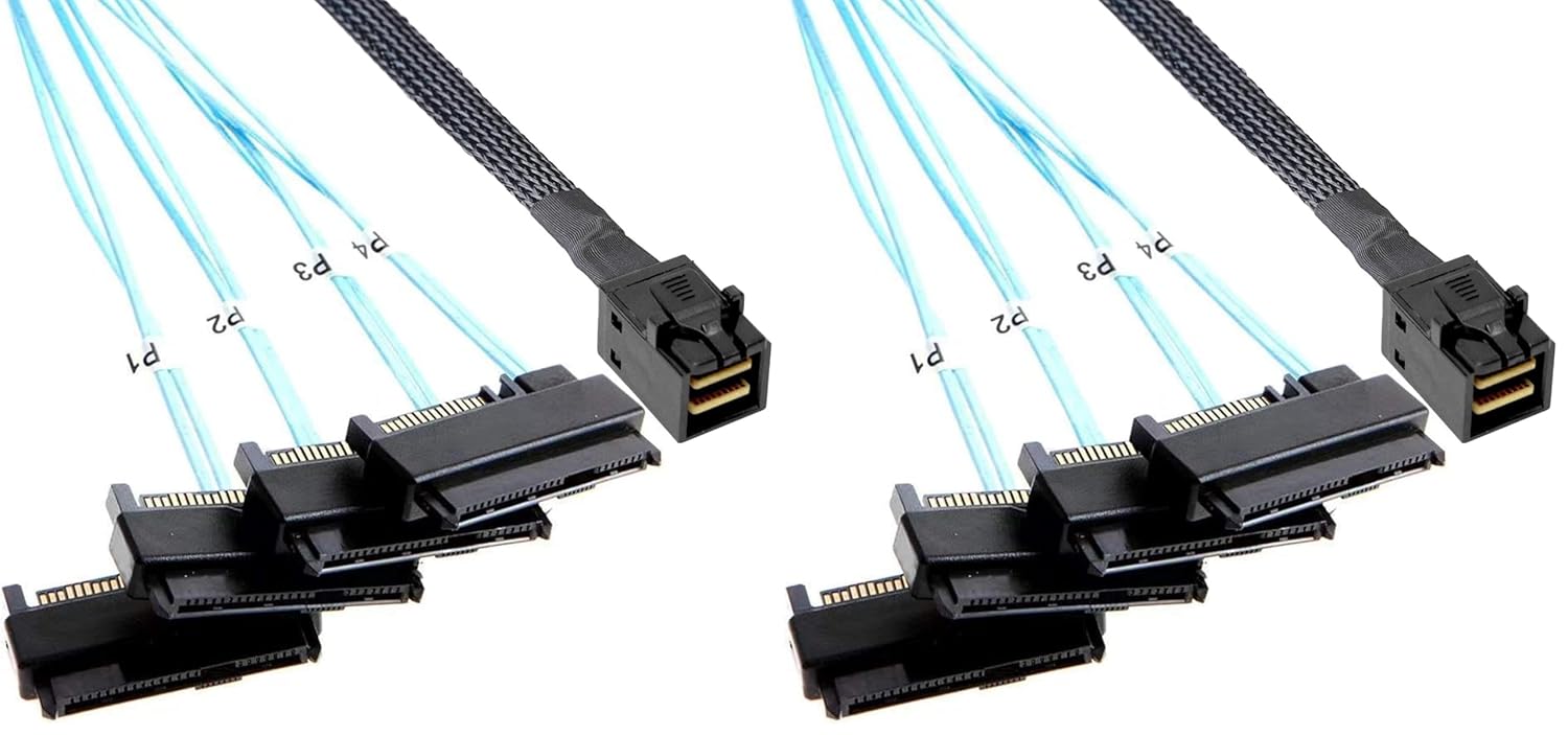 ADCAUDX Mini-SAS to SAS-Cable: 0.5M SFF-8643 to SAS SFF-8643 to SFF-8482 Connector 4X SFF-8482 with SATA Power Adapter Cable (1.6FT) (Pack of 2)