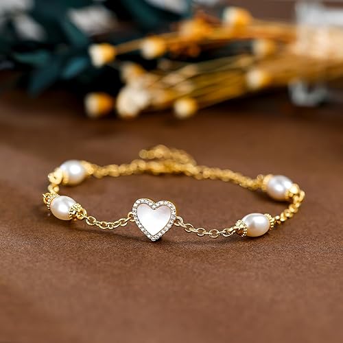 Vista 6 de AiliFe Pearl Heart Bracelets for Women valentines Gift, Cubic Zirconic Shell Gold Plated Charm with 7+2 Inch Extension Chain