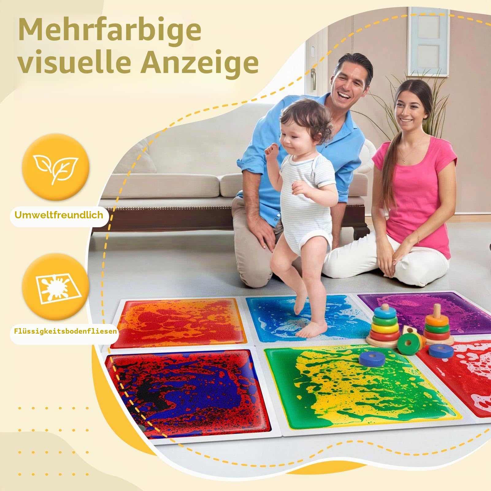 Art3d Flüssige Sensorische Bodenfliesen 30 x 30 cm Spielzimmer Tanzfläche Quadratisch Bunt 6 Fliesen