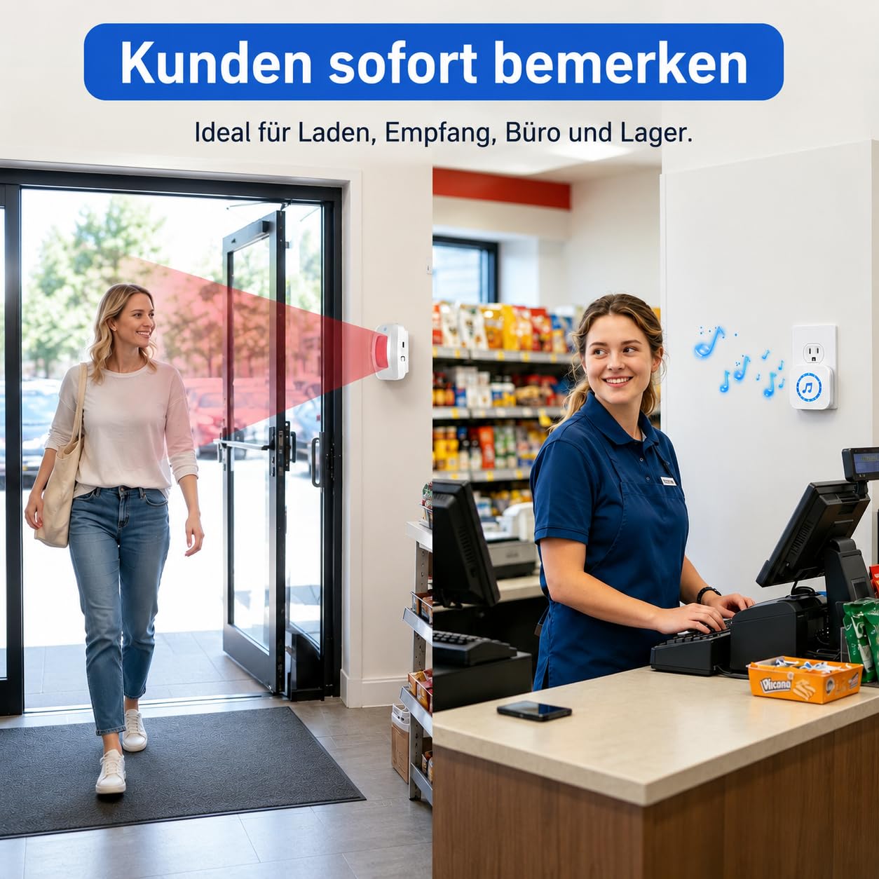 Sanjie Funk Durchgangsmelder mit PIR Bewegungsmelder Innen, Bewegungsmelder mit Klingel für Laden, Geschäft, Büro und Zuhause, 150 m Funkreichweite, 55 Klingeltöne, 5 Lautstärken 2-1