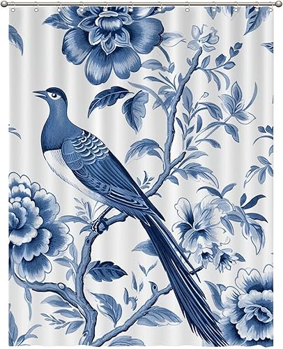 MangGou Cortina de ducha de poliéster con flores de peonía azul marino, cortina de baño azul índigo, floral y pájaro, cortina de ducha impermeable