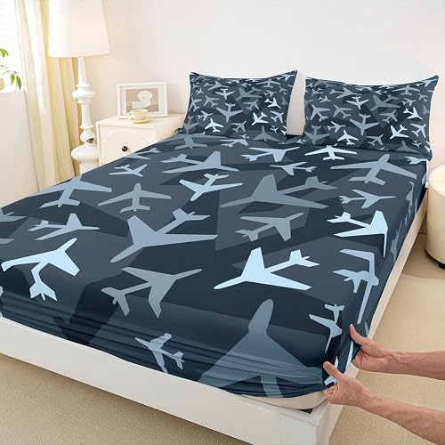 Homewish Camo Airplane Bottom Sheet Queen,Cartoon Airplane Pattern Bedding Set 3