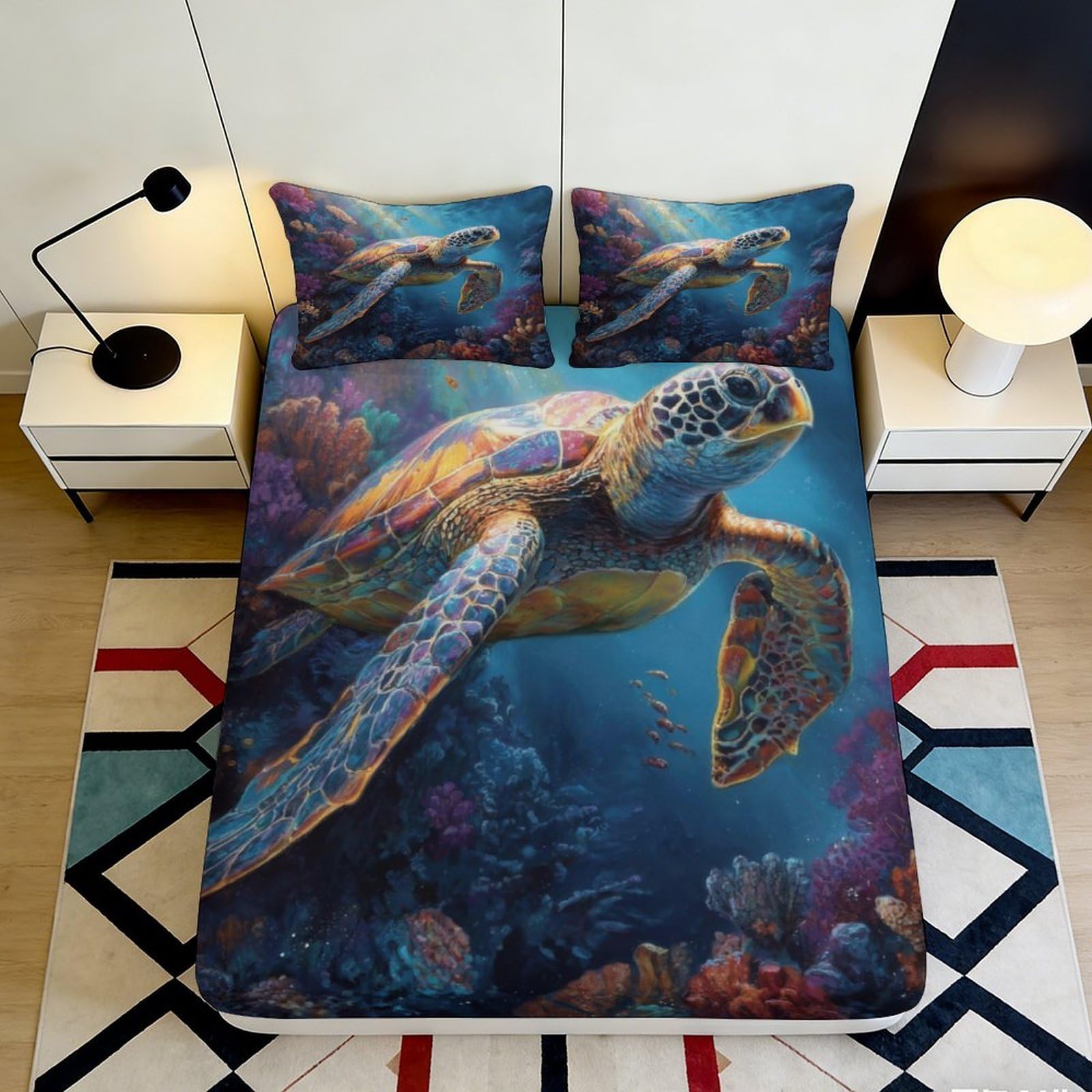 Pnayamiorkfel Style-1 3D Printed Ocean Turtle Fitted Sheet Microfiber Soft Breathable Coral Reef Mattress Cover For Bedroom Dorm Decor 90X200x25cm