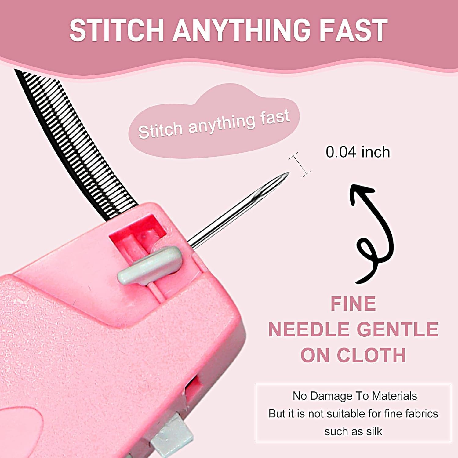 Stitch Gun for Clothes， Handheld Stitch Gun Quick Clothing Fixer，Sewing Kit Includes 1,000 Black Fasteners & 1,000 White Fasteners & 6 Needles (Pink)