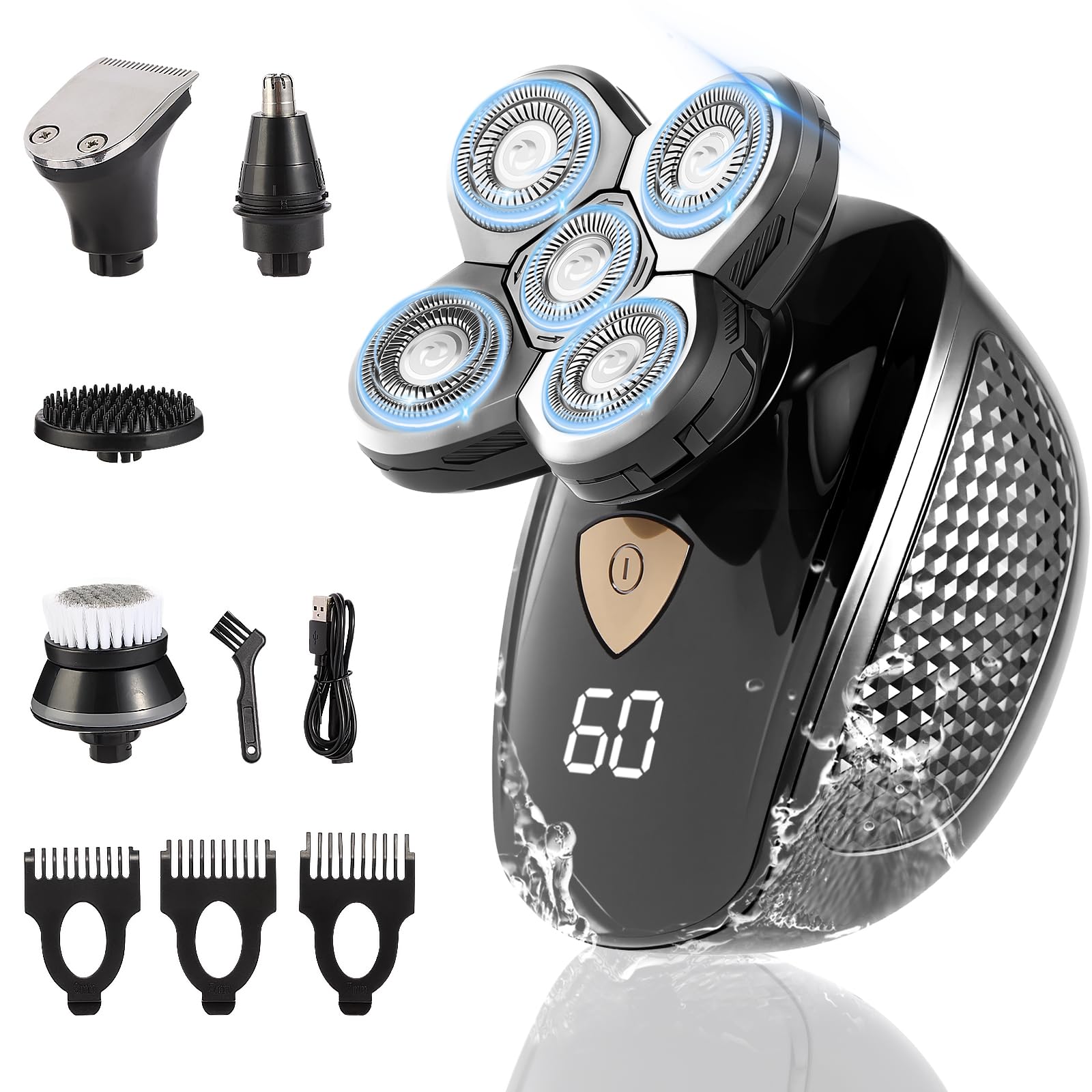 Afeitadoras de cabeza para hombres, afeitadoras calva 5 en 1, maquinilla giratoria inalámbrica 5D flotante, impermeable, húmedo/seco