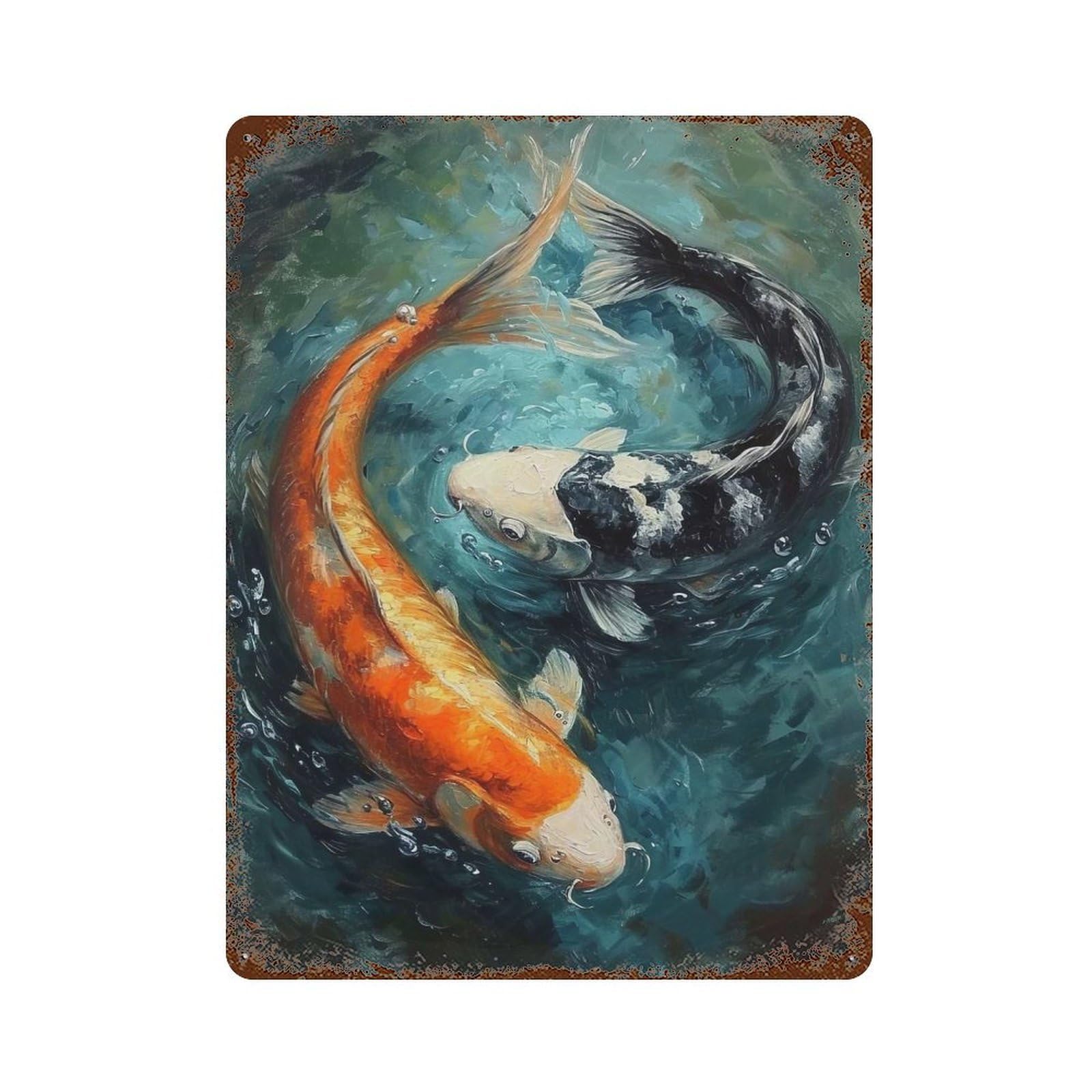 Koi Fish Painting Rust Effect Tin Sign 15.7"x11.8", Novelty Wall Decor for Garage, Pub Or Kitchen