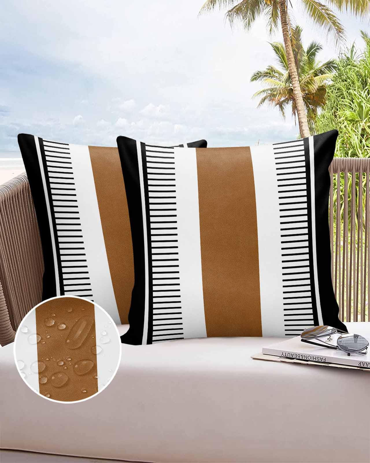 Boanket Outdoor Pillow Covers 20 x 20 in, Modern Brown Black Waterproof Throw Pillow Cover Set of 2, Boho Contemporary Geometric Striped Home Decorative Square Cushion Covers for Patio/Couch/Garden