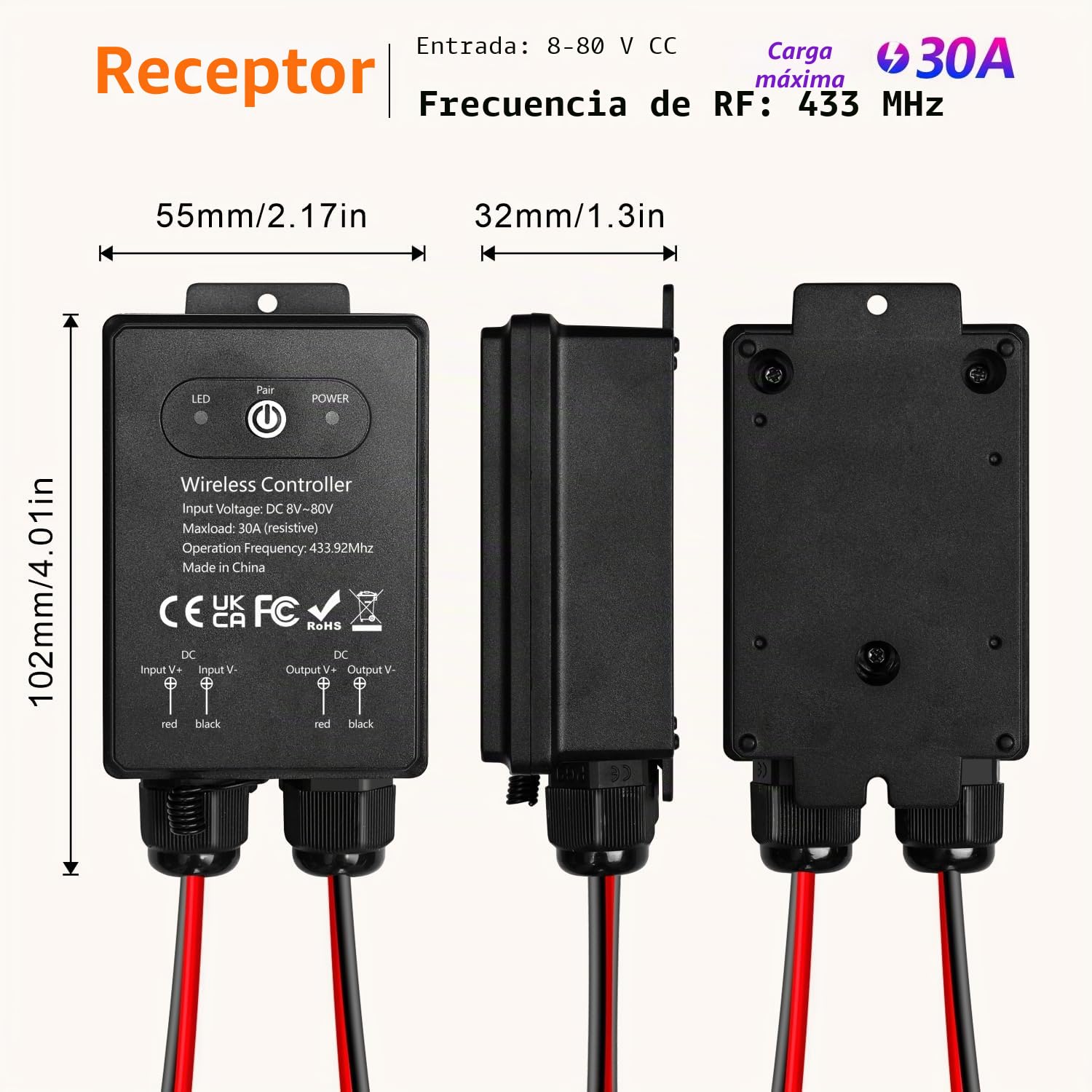 Interruptor con mando a distancia impermeable, 12V/24V/72V CC, Interruptor inalámbrico, Relé de 30A con alcance largo de 50m, para lámparas, ventiladores de techo y aparatos eléctricos, zonas húmedas