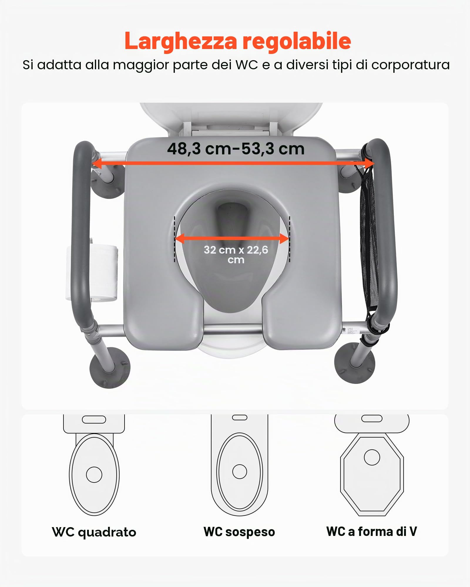 VEVOR Sedia Comoda da Comodino, Capacità 227 kg, WC Sedile Rialzato con Seduta Imbottita e Braccioli, Secchio Staccabile 5 L, Altezza e Larghezza Regolabili Sedia da Vasino per Anziani