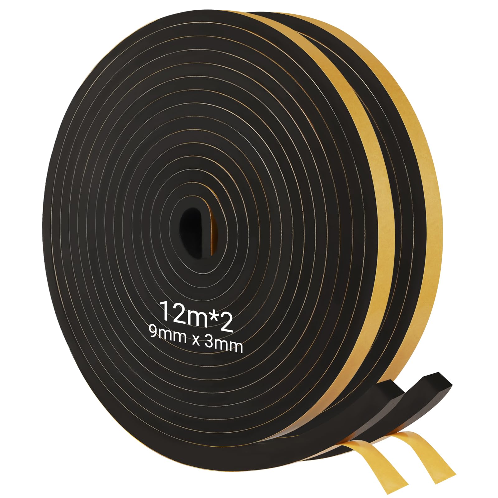9mm(W) x3mm(T) Self Adhesive Foam Strip 2Rolls Total 24M Long Foam Tape
