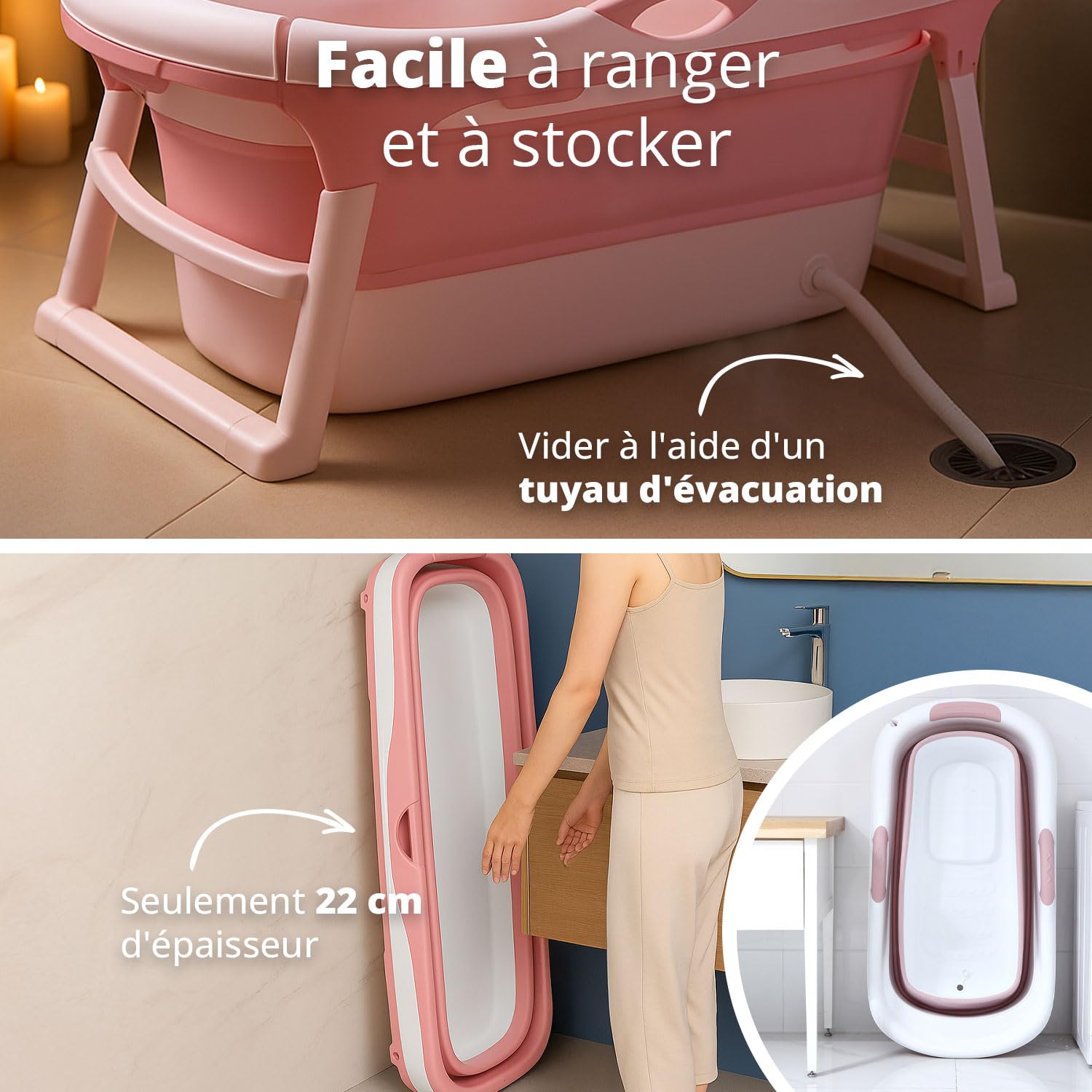 FlinQ Baignoire Pliable Adulte - 121 cm - Rose | Pour salle de bain | Mobile avec siège | Également adaptée aux enfants