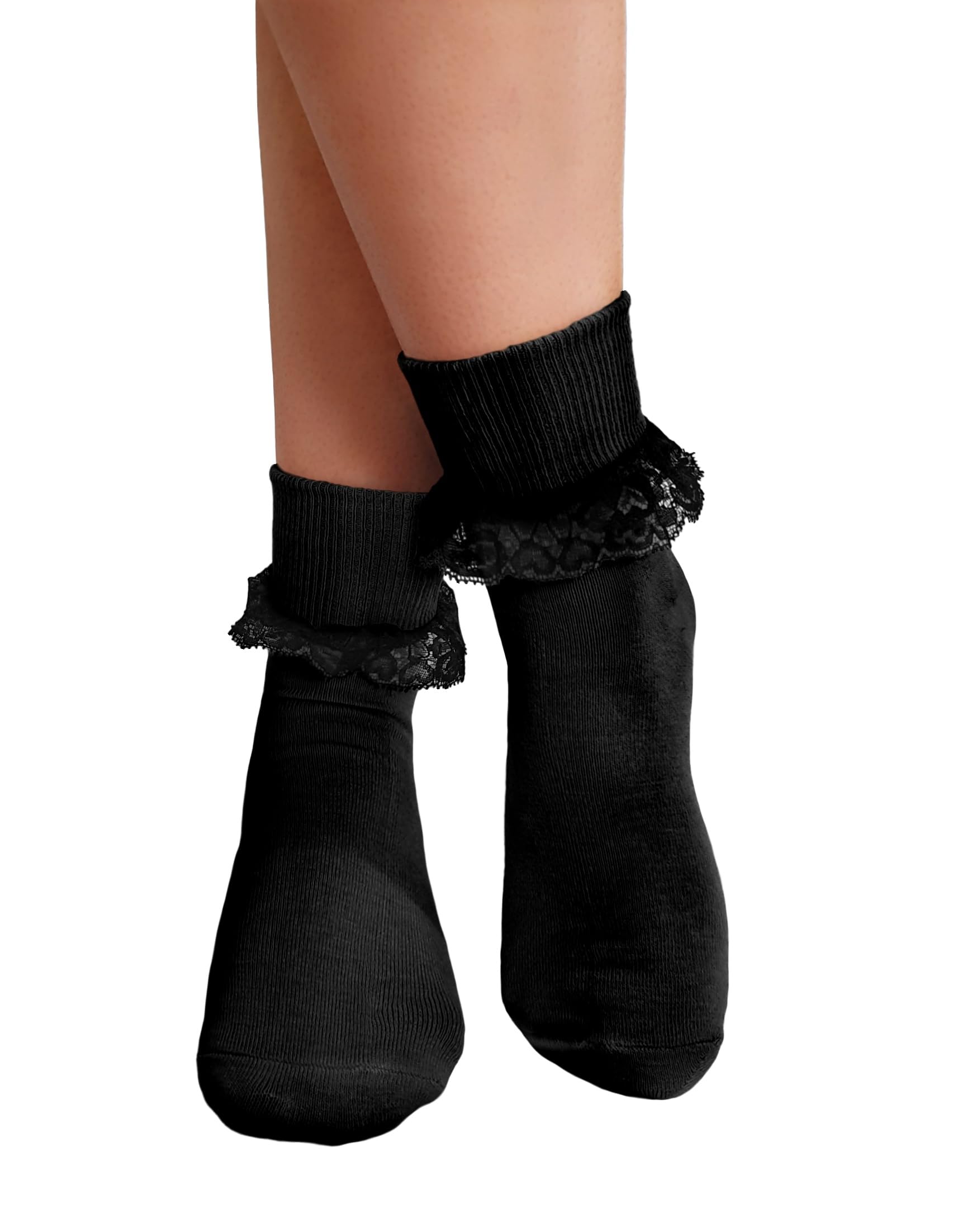 Nujake Girls Black Lace Frilly Ankle Socks – Cotton-Rich Crew Length, Cute School & Fashion Socks, Uk 4–5.5 (Black)