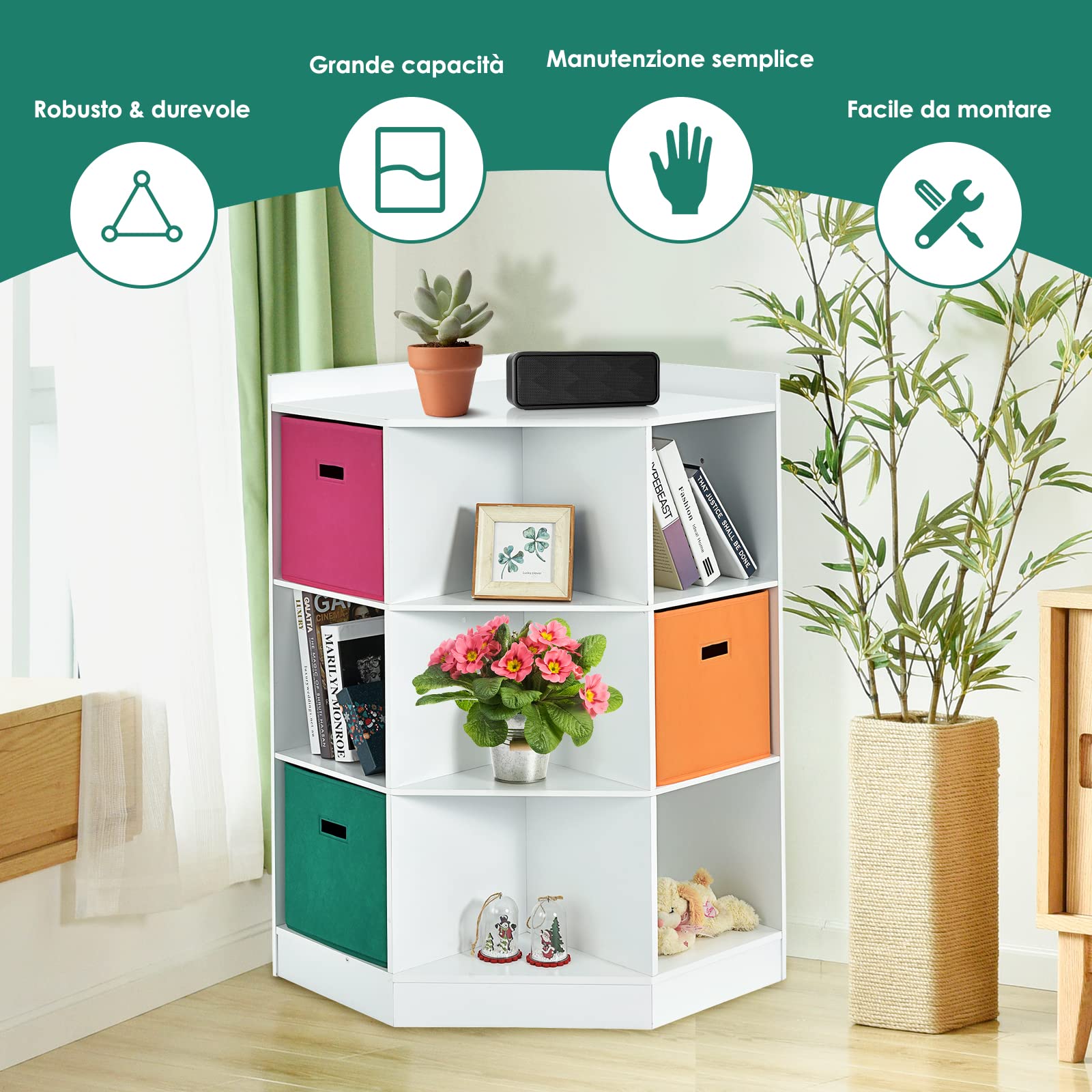 GYMAX Armadio Angolare con 9 Scomparti e 3 Cassetti in Stoffa, MDF, Design Salvaspazio, Aspetto Elegante, Facile Montaggio, Mobile di Servizio per Soggiorno, Studio e Cameretta