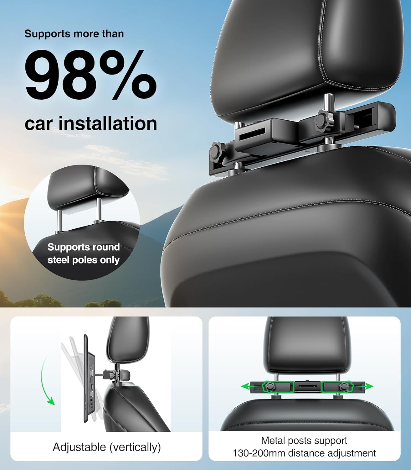 Image showing the universal mounting bracket attached to a car headrest, with details on vertical adjustment and pole compatibility.