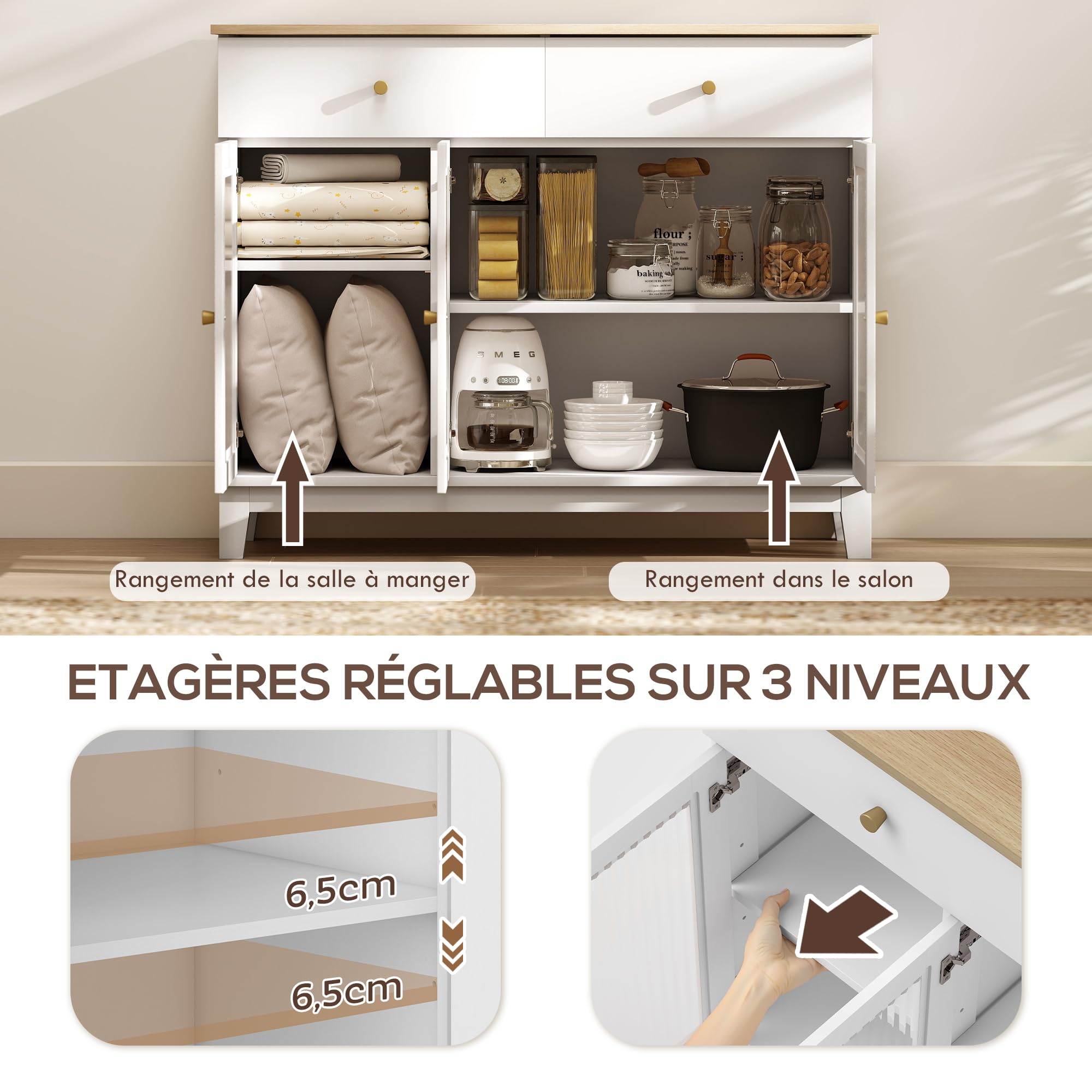 HOMCOM Buffet Salon Rangement Portes en Verre 100 x 35 x 80,3 cm Blanc
