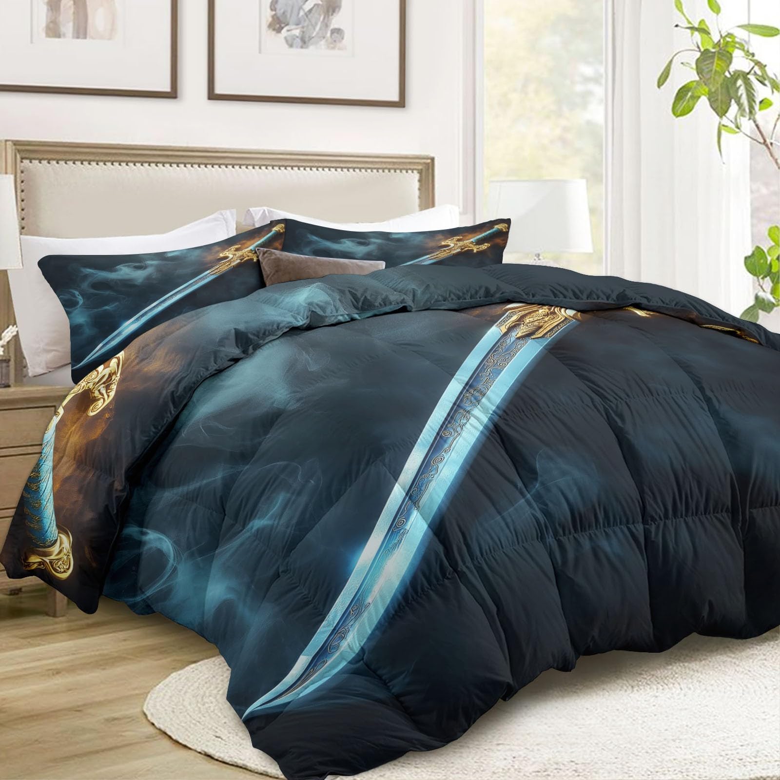 Générique Fantazyjna mgiełka miecz kołdra narzuta 240 x 220 cm, styl bajkowy dwustronna kołdra dla dzieci dziewcząt chłopców nastolatków - pakowana miękka i oddychająca kołdra