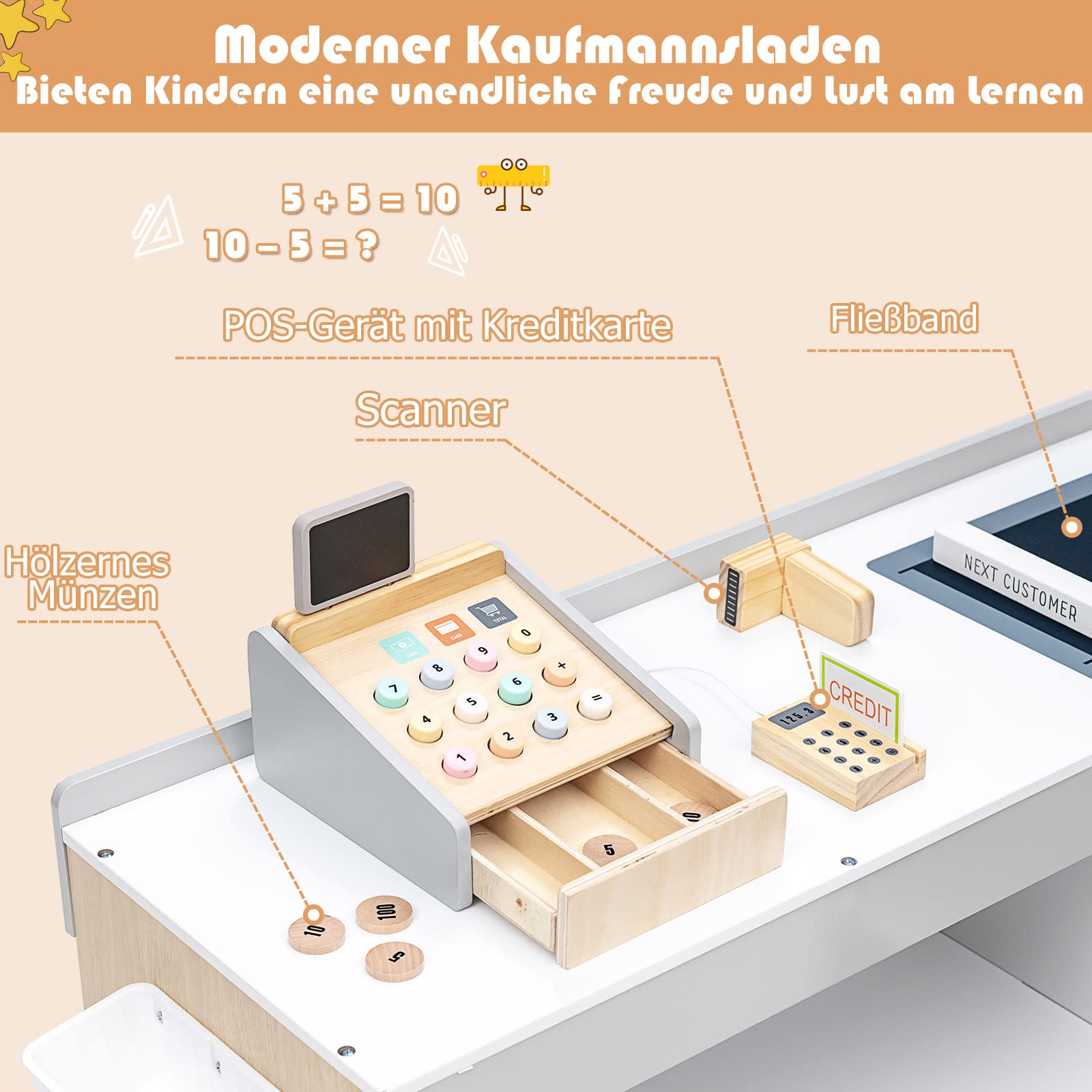 DREAMADE Supermarket mit Einkaufswagen & Kasse & Kreidetafel & Holzwährung, Kaufladen aus Holz, Kaufmannsladen für Kinder ab 3 Jahren