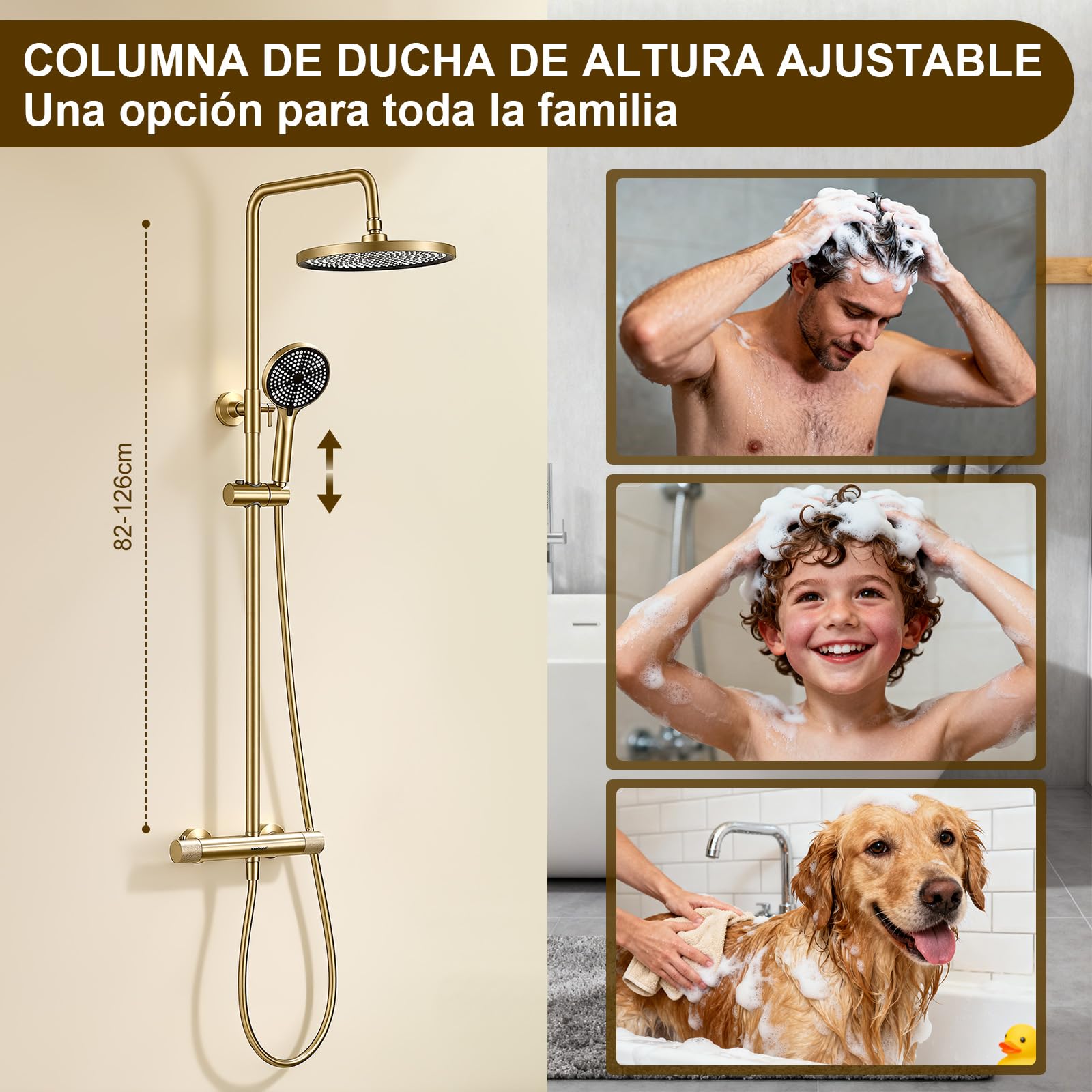 Sistema de ducha completo con termostato para rociador de lluvia de 25 cm y teleducha de 3 chorros Termostato con mando giratorio antideslizante y protección antiescaldaduras