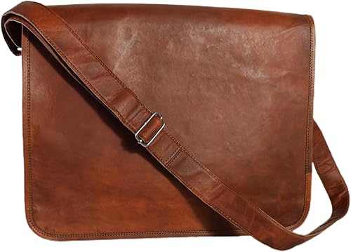 Bolso de cuero con solapa para ordenador portátil con compartimento acolchado y espalda redonda, Marrón desteñido