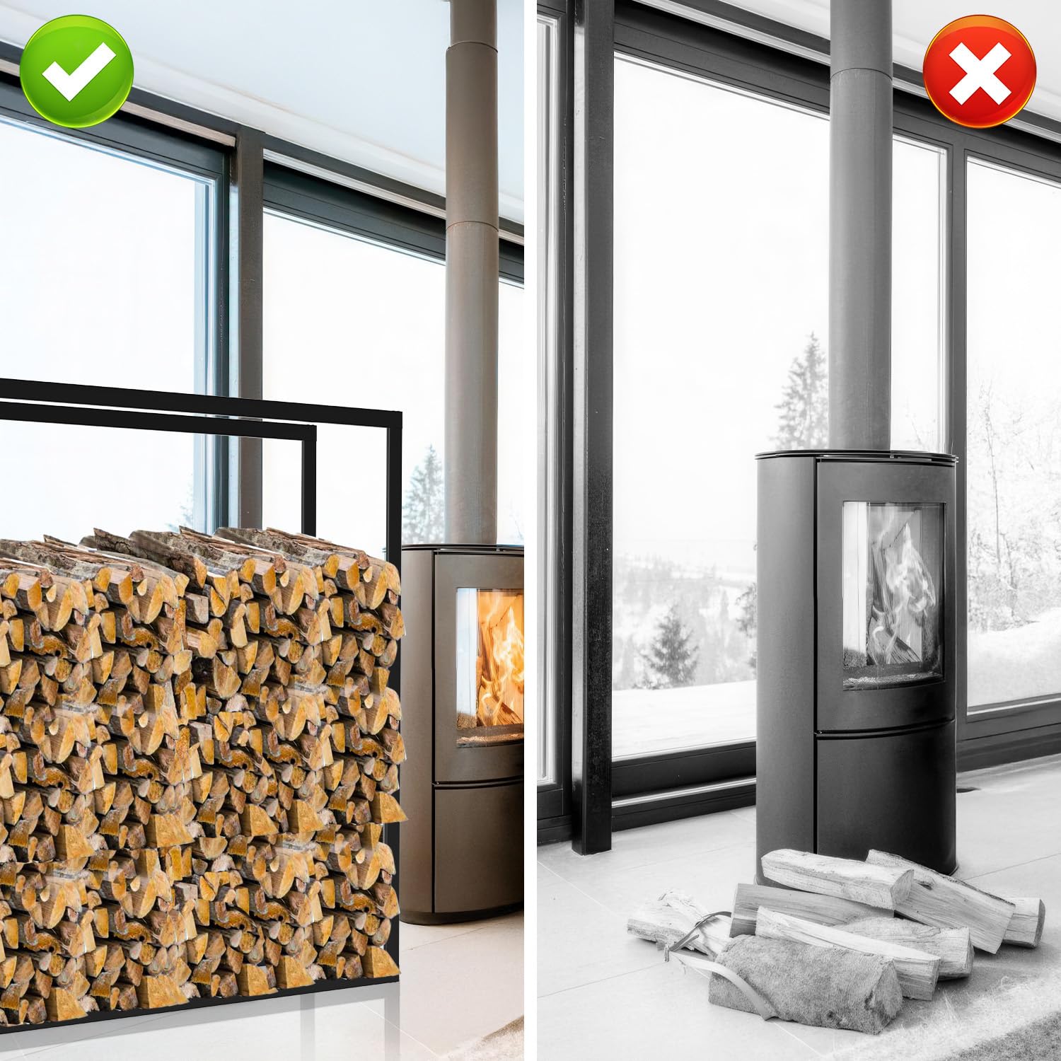 Ikodm Estantería de madera para chimenea - Metal - 100 x 25 x 150 cm - Almacenamiento de leña - Cobertizo exterior - Negro