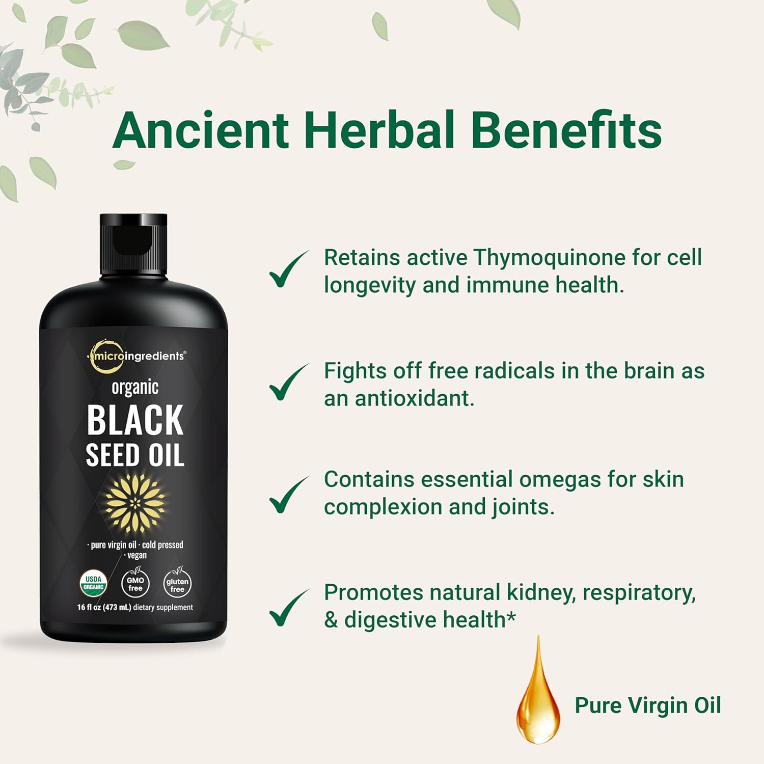 Micro Ingredients Organic Black Seed Oil, 16 fl oz | Cold Pressed from Nigella Sativa Seeds | Rich in Thymoquinone & Omega 3 6 9 | Immune, Joint, Hair & Skin Support | Pure Virgin Oil, Non-GMO - Image 5