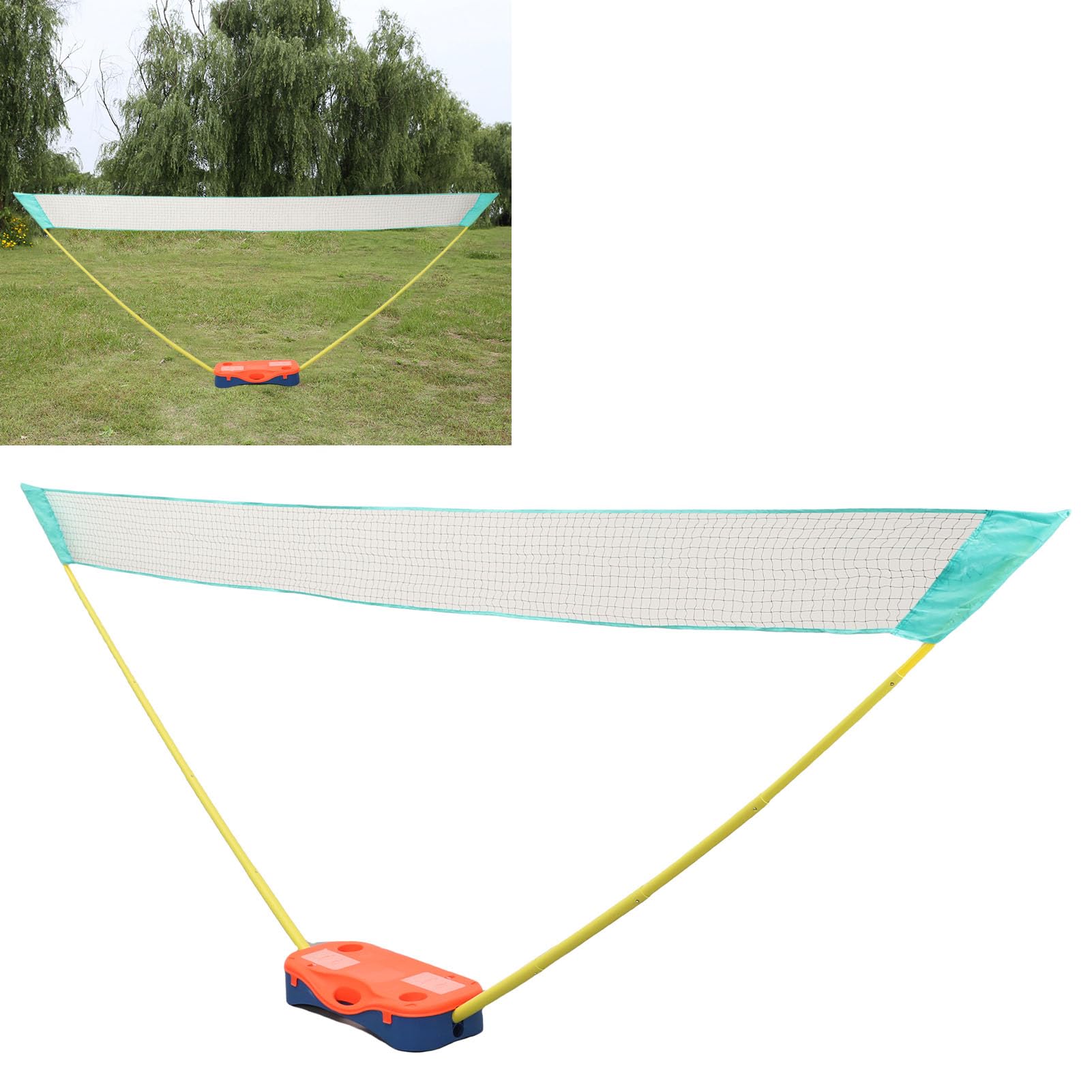 Set da badminton portatile con rete da 4 metri e base di supporto, facile da montare per giochi in famiglia, in giardino e al chiuso, blu e arancione.