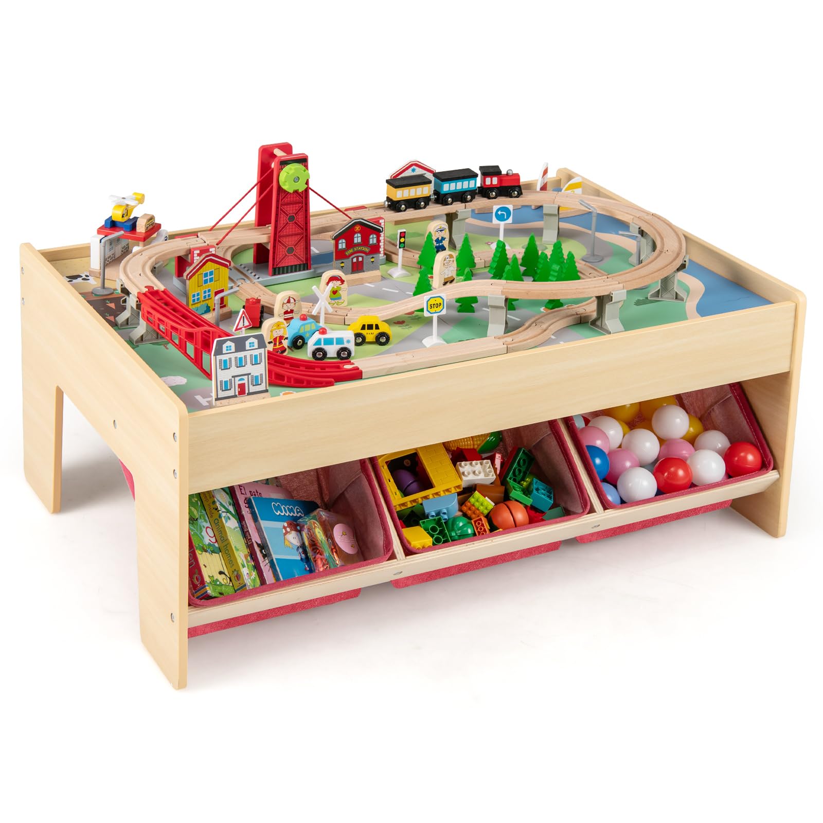 Costzon Train Table, 3-in-1 Wooden Activity Table W/ 3 Storage Bins, Reversible 94 PCS Track Train Toys &amp; Table Map for Building, Playing, Studying, Eating, Kids Train Set Table for Boys Girls Aged 3+