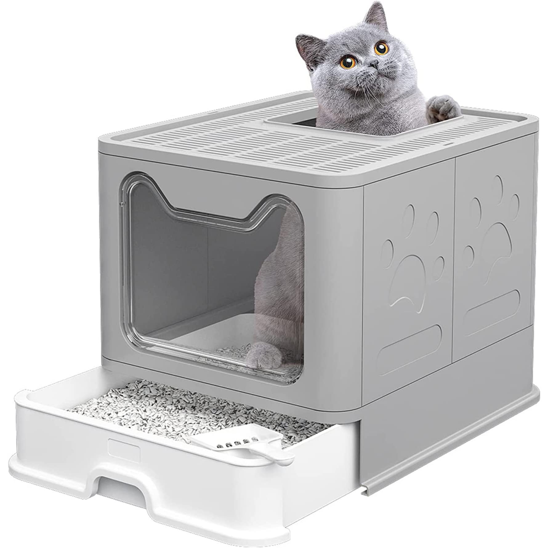 Arenero Gatos Cubierto Cajon: Arenero para Gatos Grande Cerrado Caja de Arena Plegable Cagadero Gato sin Olores con Pala y Filtro-51 * 41 * 38cm-Gris