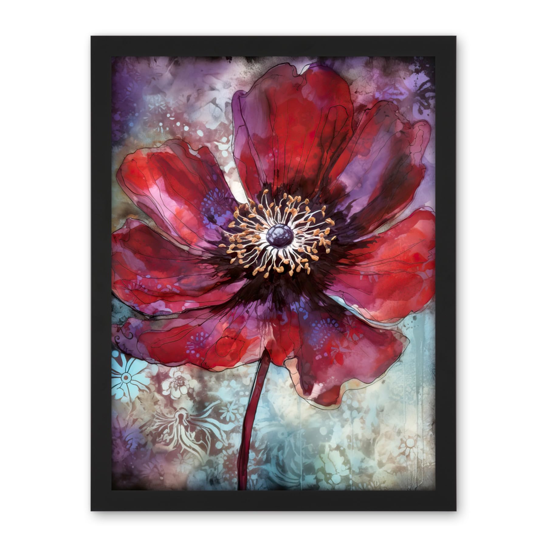 Artery8 Red Anemone Flower Bloom Watercolour Illustration Artwork Framed Wall Art Print 18X24 Inch